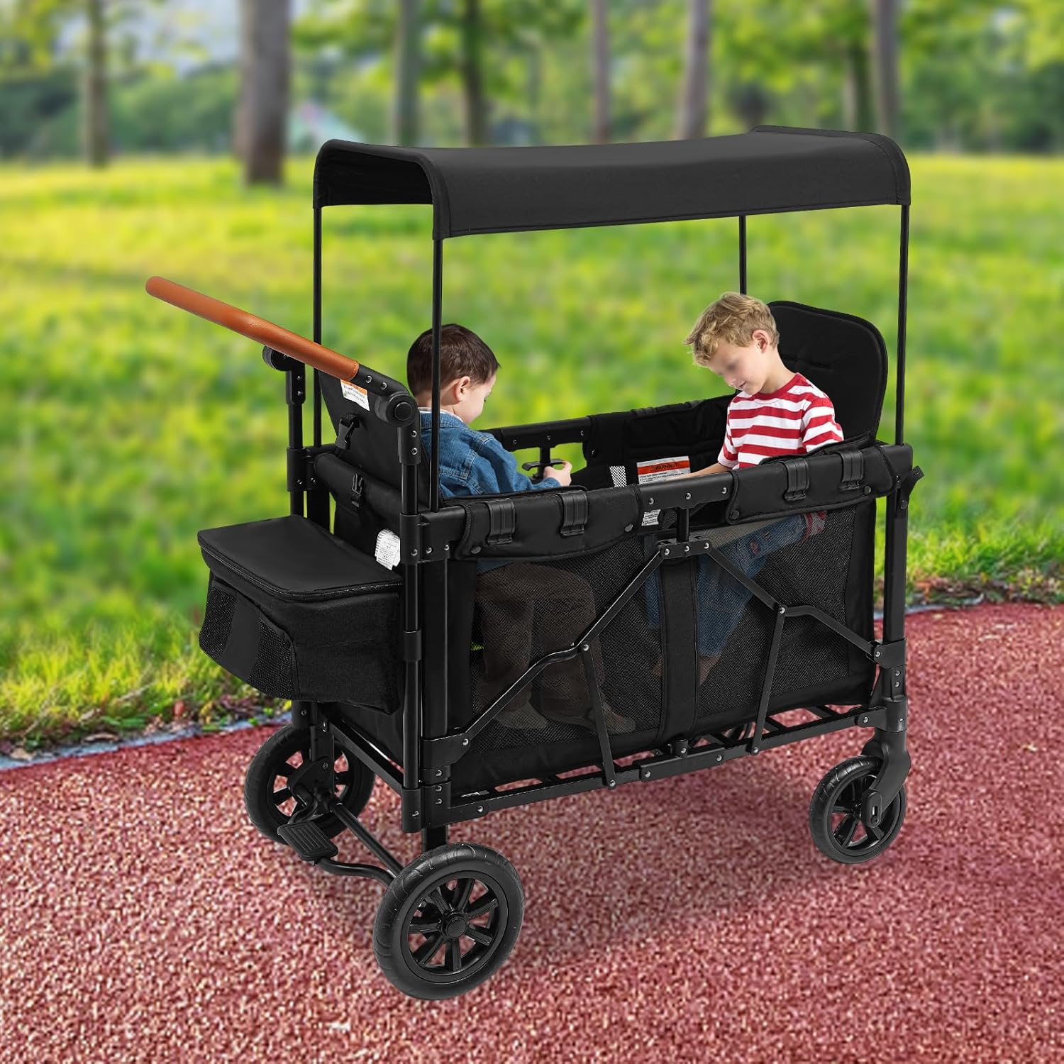 2 Seater Folding Wagon Stroller, All-Terrain Wagon Cart with Removable Canopy Push Pull Quad Collapsible Stroller with Adjustable Handle & 5-Point Harnesses for Garden Beach (Black, for 2 Kids)