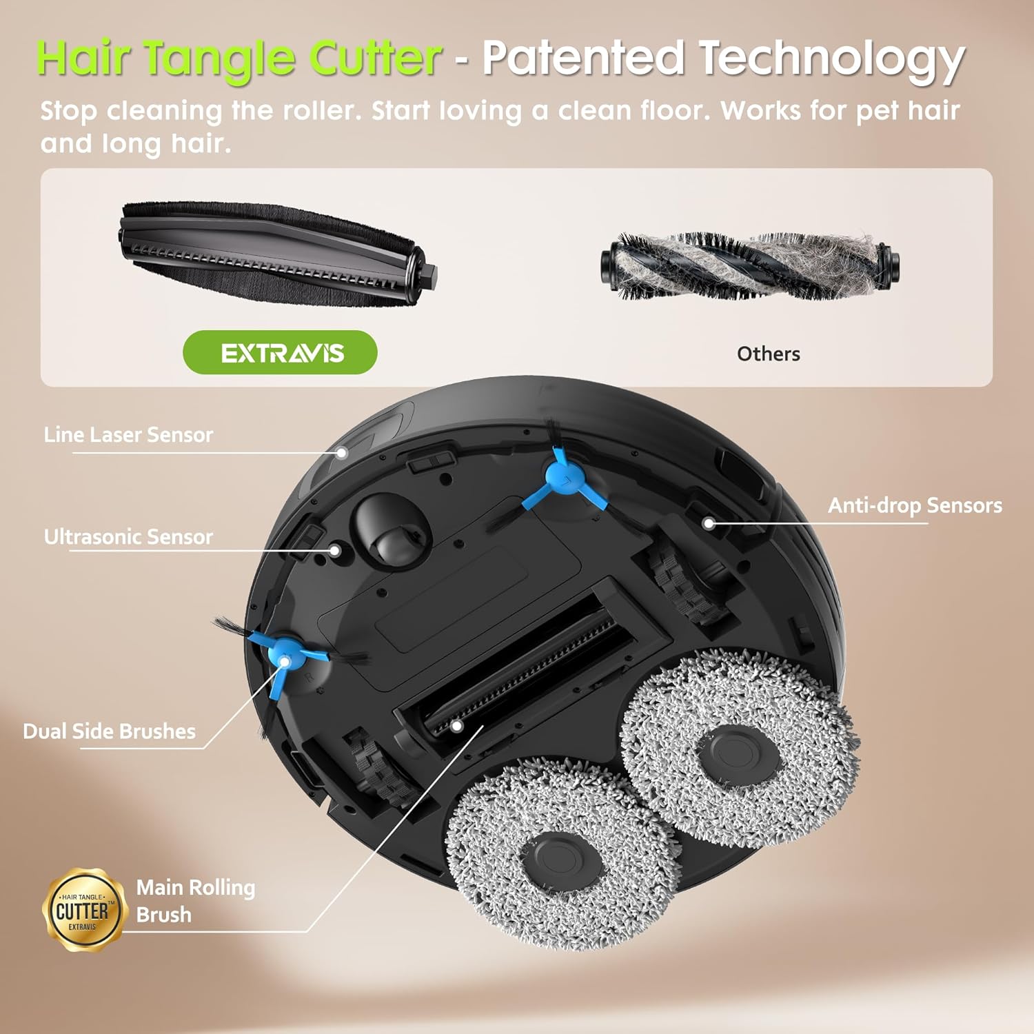 Robot Vacuum and Mop, Pet Hair Tangle-Free Cutter Technology, Max 10,000Pa Suction, Laser Navigation, Pet Laser, 75-Days Capacity, Carpet Lift Detection, APP ＆ Voice Control, Robotic Vacuums Cleaner