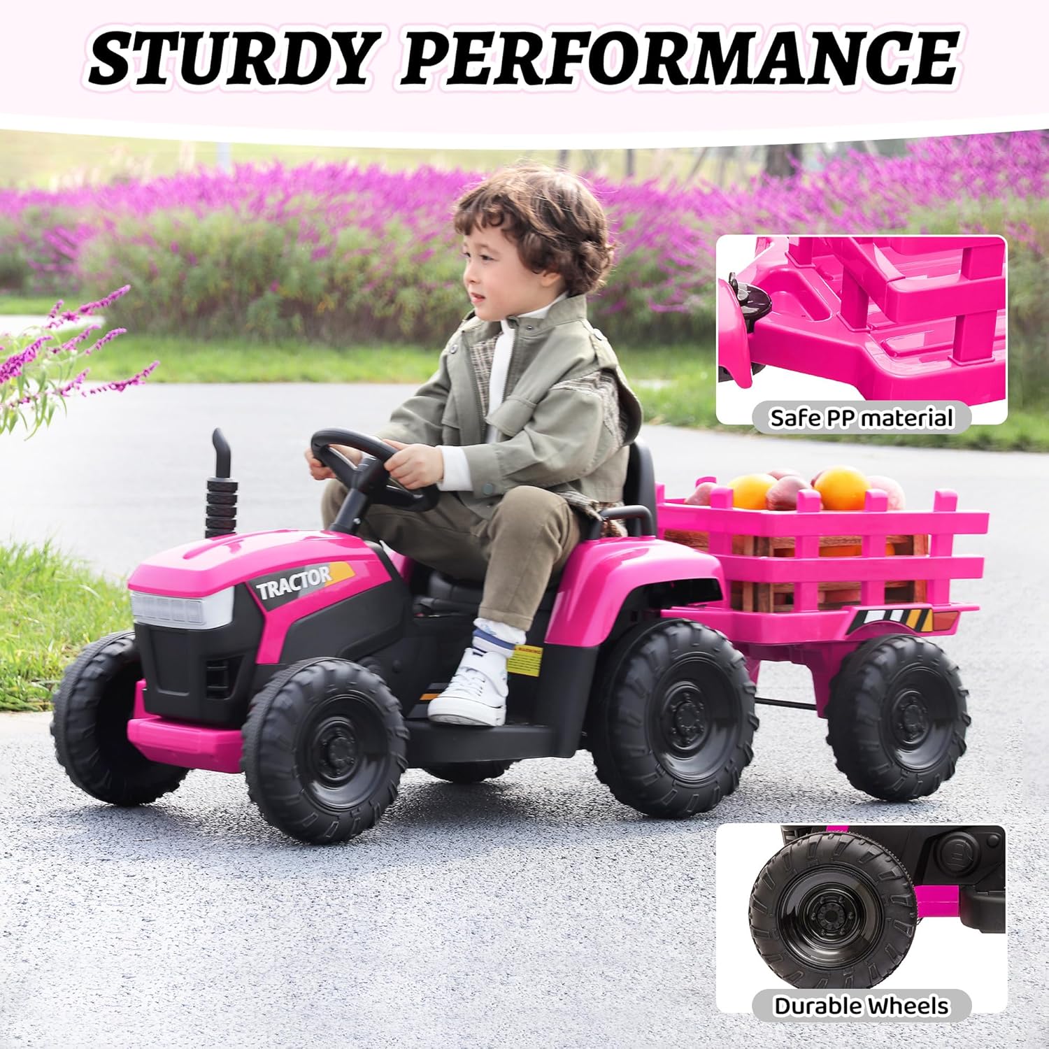 TOBBI Kids Electric Ride On Toy Tractor, Toddlers 12V Battery-Powered Car to Drive, 35W Dual Motor 6-Wheels Trailer Vehicle with 3-Speeds/LED & Horn Functions for Chirdren Aged 3-6-Pink