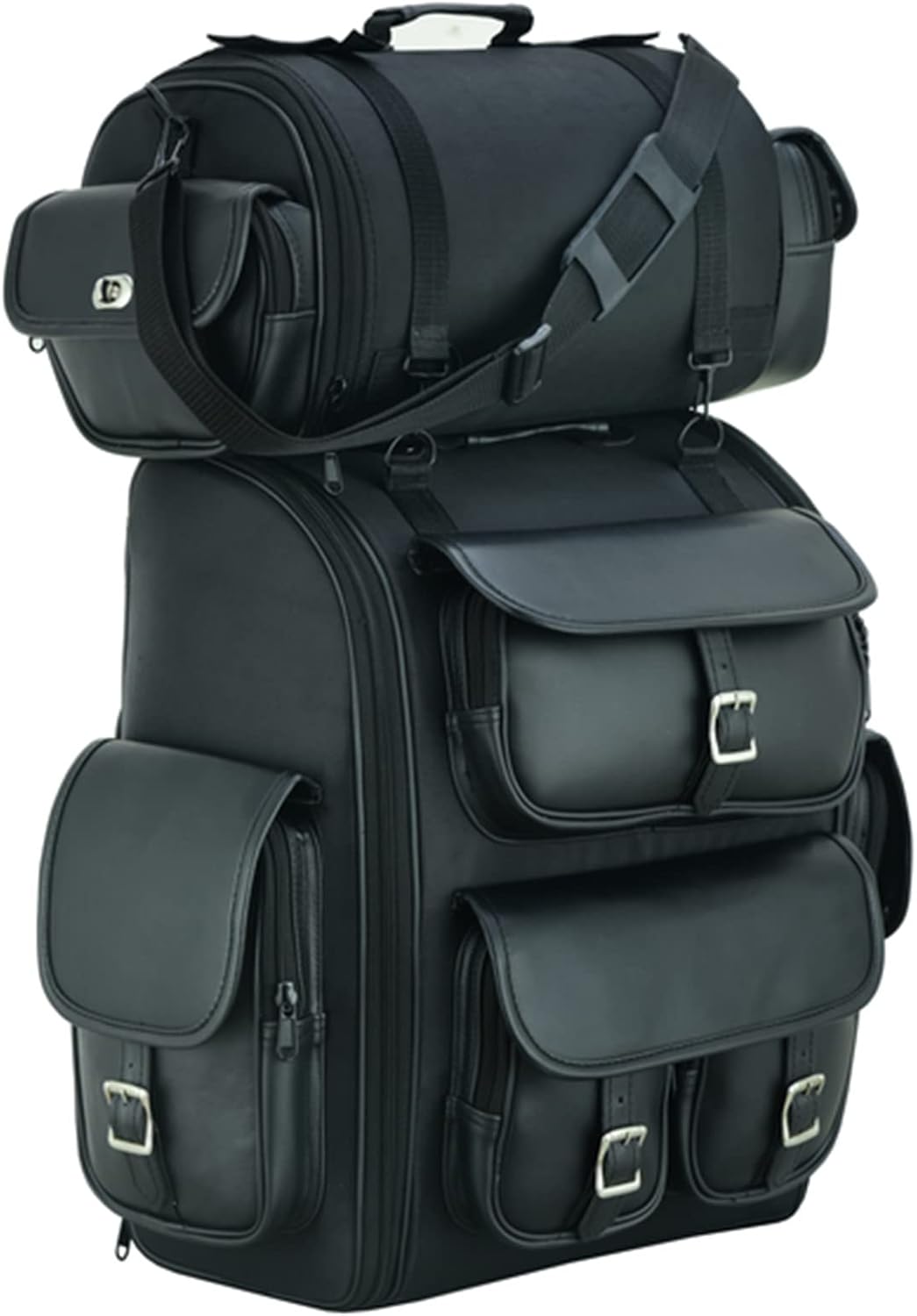 Daniel Smart Multi Pockets Biker Sissy Bar Bag - Included All Weather Protection Rain Cover - Motorcycle Touring Bag - Black