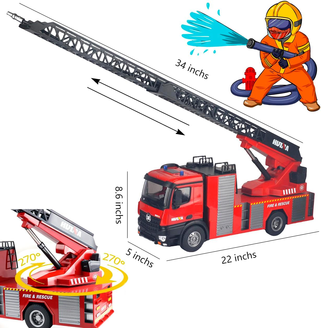 Ailejia RC Fire Engine Truck Toy with Lights, 2.4G Fire Truck Toy Remote Control Siren Sound,Working Water Spray and Rotating Rescue Ladder Best Gift Toy for Boys Girls