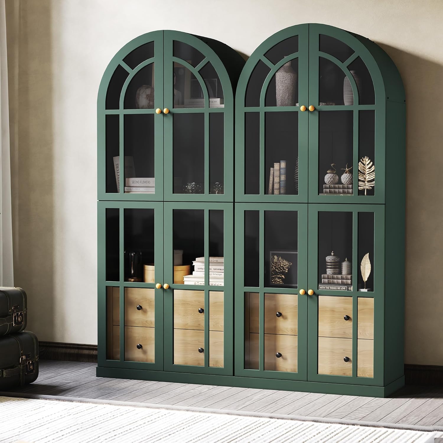 HLR Arched Bookcase,71’’Tall Arched Cabinet with Glass Door Drawers and Shelves, Kichen China Pantry for Living Room,Dining Room (Green，2piece)