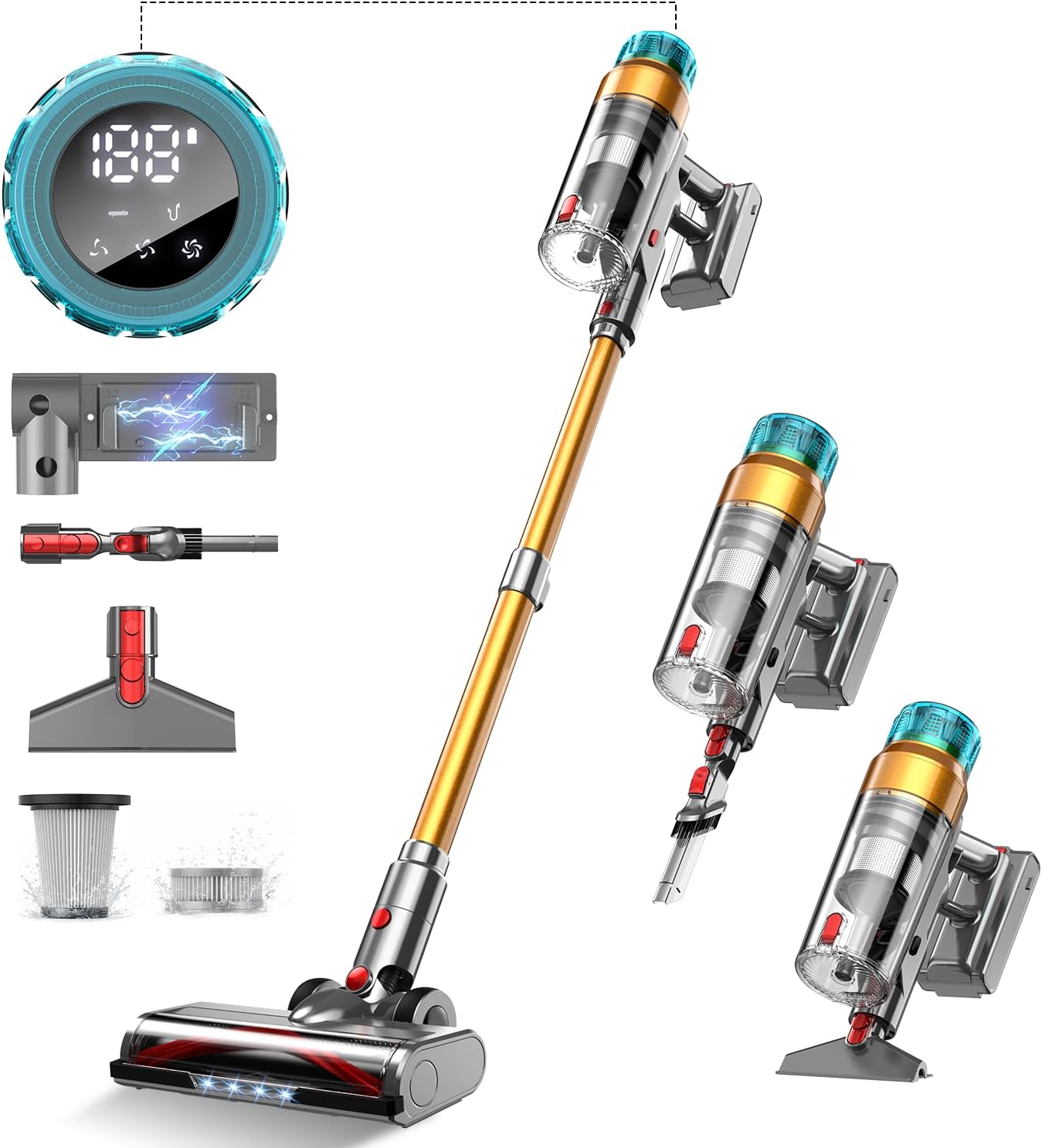 Cordless Vacuum Cleaner 600W 55Kpa Stick Vacuum,Up to 70 Mins, Vacuum Cleaners for Home Rechargeable Wall Mount OLED Color Screen Anti-tangled Vacuum for Car,Hardwood Floor,Carpets,Pet Hair EHBL