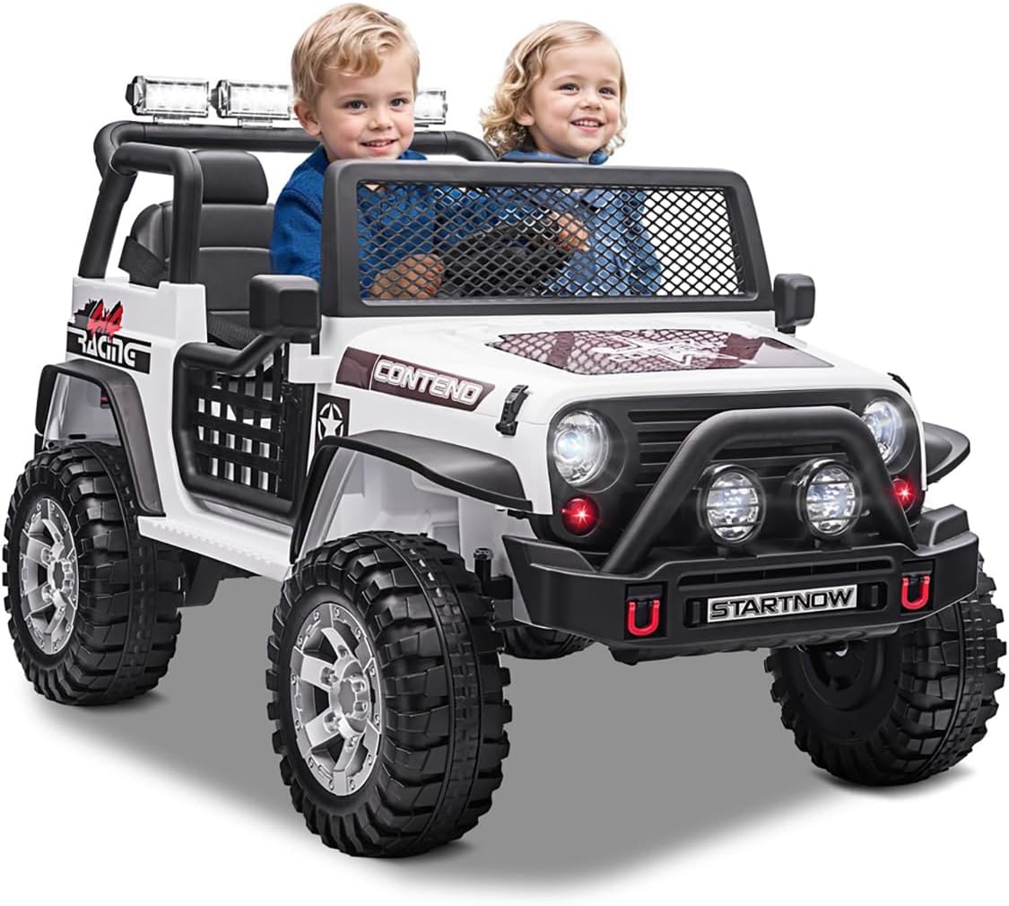 SEHOMY 2 Seater Electric Car for Kids 3+, 12V Power Wheels Ride on Truck with Remote, Spring Suspension, Music, Battery Powered Kids' Electric Vehicles, White Toddler Toys Car SUV for Boys Girls