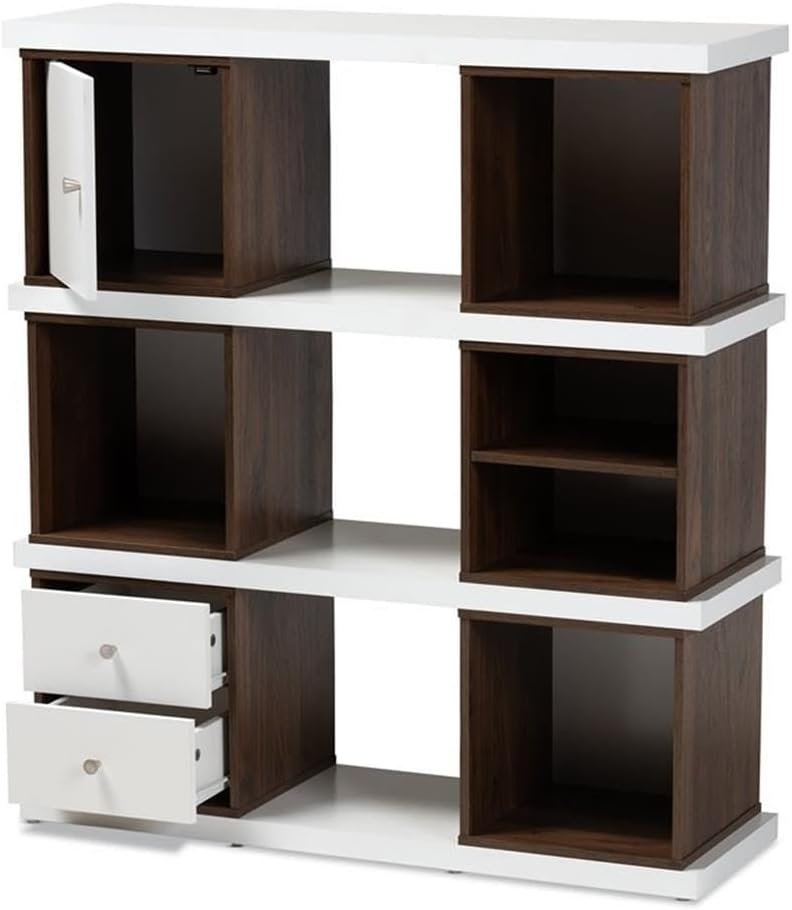 BOWERY HILL Modern Two-Tone White and Walnut Finished 2-Drawer Bookcase