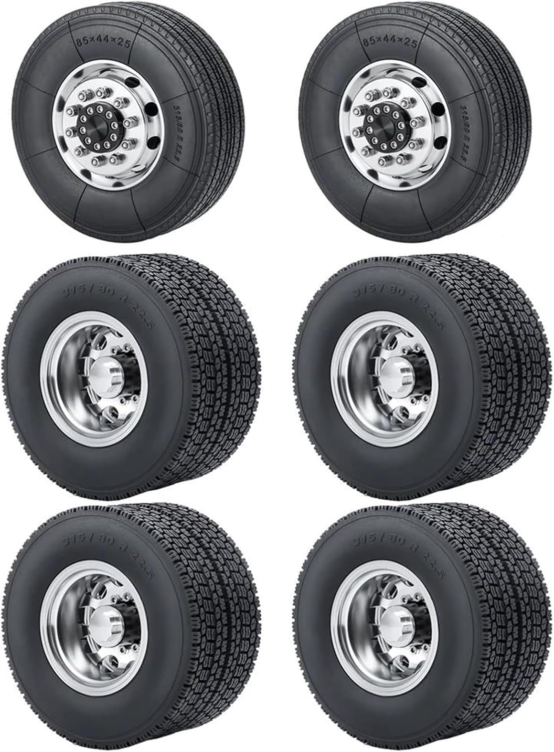 Rc Car Parts for Tamiya 1/14 Front Rear Rubber Tires Aluminum Wheel Rims RC Trailer Tractor Truck Car Upgrade Parts Modification Car Accessories(1 Set 6x6)
