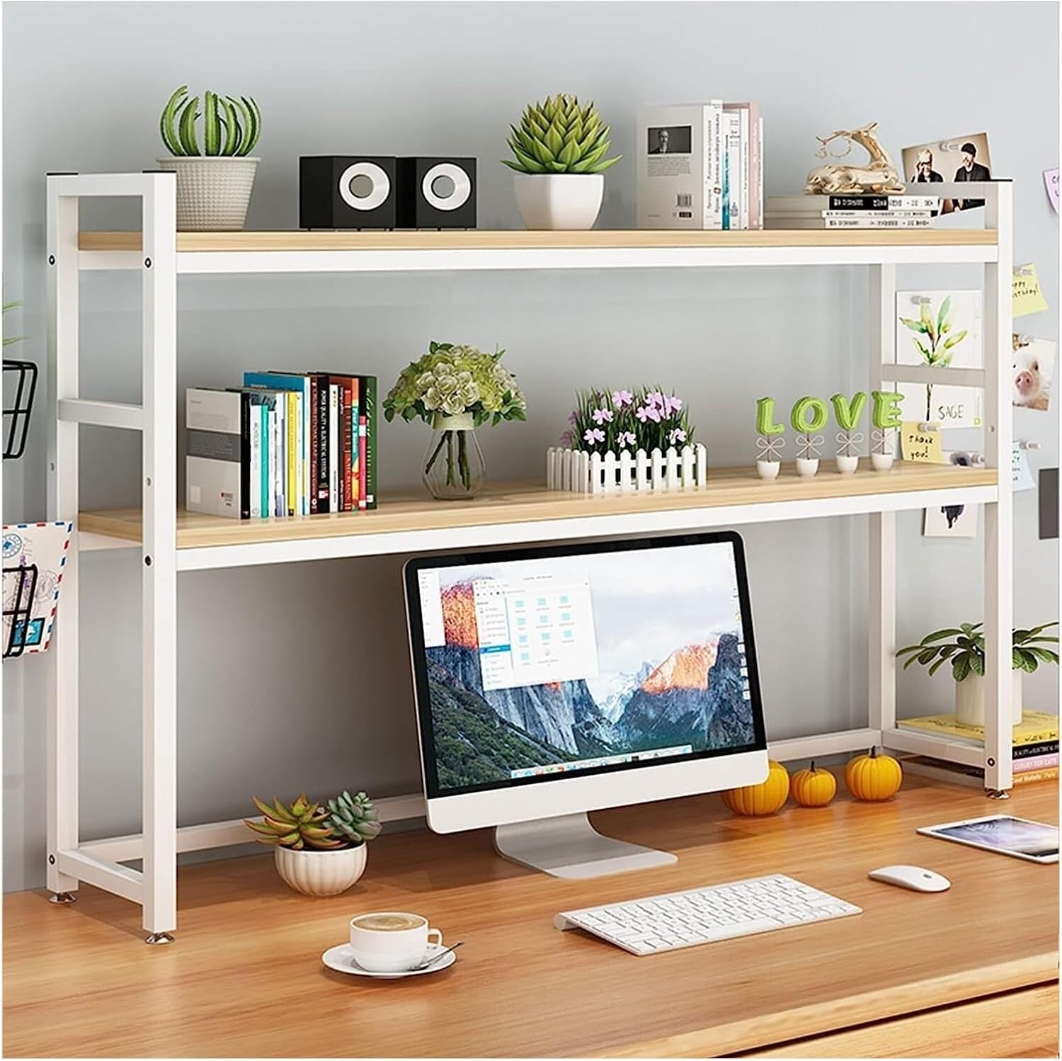 ANIIC Book Shelf 2-Tier Desktop Bookshelf Steel Frame and Wood Bookshelves Adjustable Office Desktop Storage Rack Living Room Bookcase (Color : White+Light Walnut, Size : 115 * 24 * 90cm)