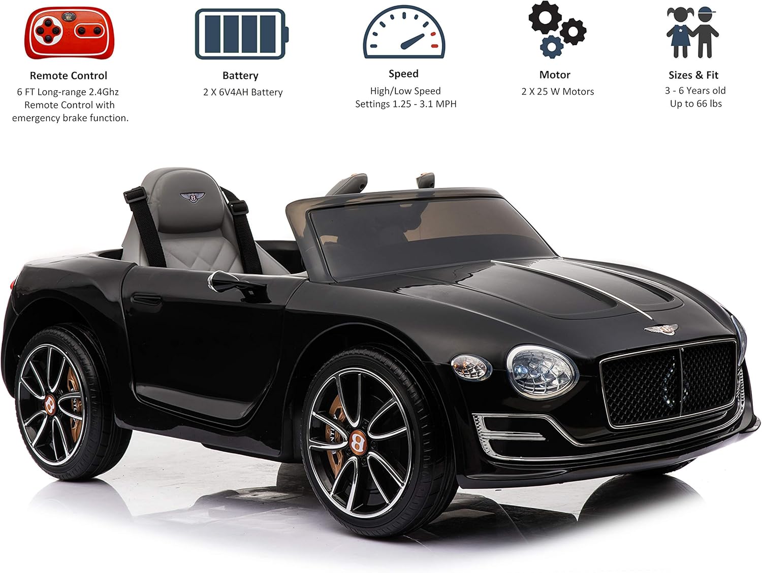Licensed Bentley EXP12 Kids Ride on Toy Car, 12V Battery Powered Children Electric 4 Wheels w/Parent Remote Control, Foot Pedal, 2 Speeds, Music, Aux, LED Headlights (Black)
