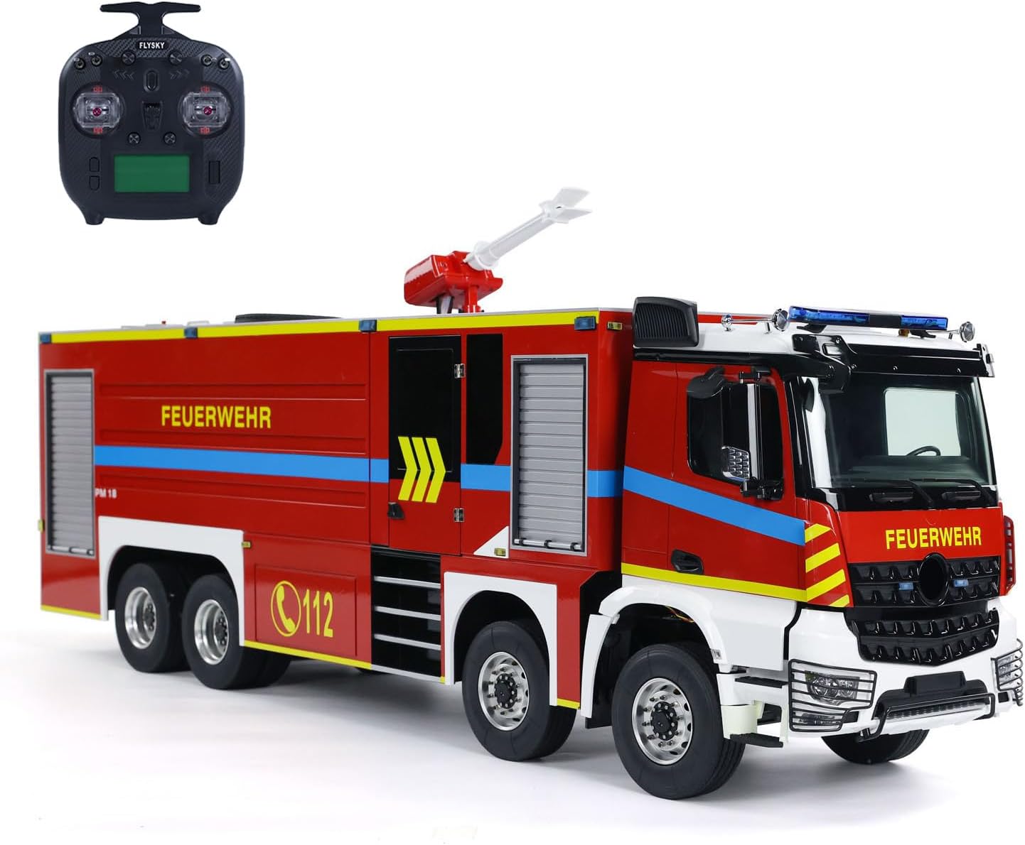 1/14 8X4 RC Fire Fighting Truck Metal Chassis Two Speed Transmission Differential Lock on Axles Radio Control Fire Car Light Sound Motor Servo ESC Hobby Grade Construction Vehicle Model