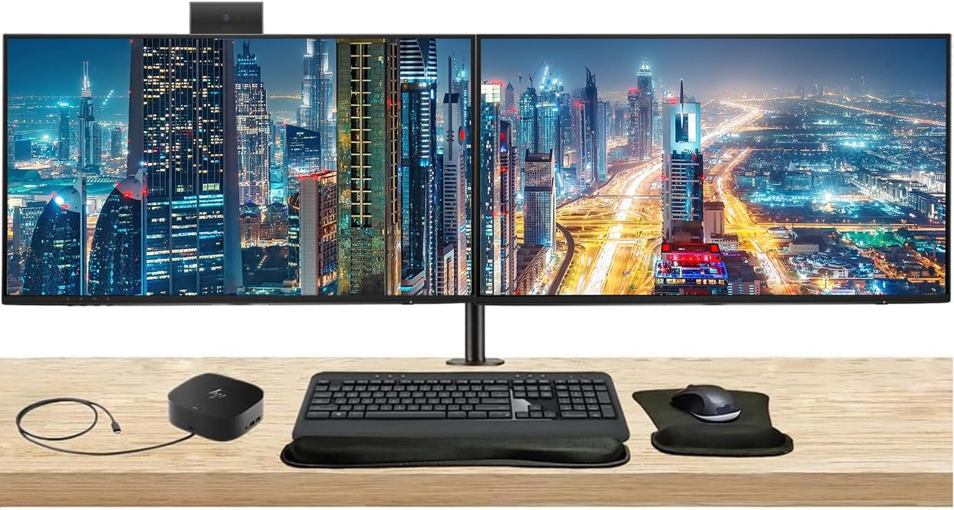 HP Series 7 Pro 27-inch 727pm & 727pk 4K UHD 2160P 2-Pack Monitors Bundle with Desk Mount Stand, USB-C Multiport G5 Dock, MK540 Wireless Keyboard & Mouse, Gel Mouse & Wrist Pad