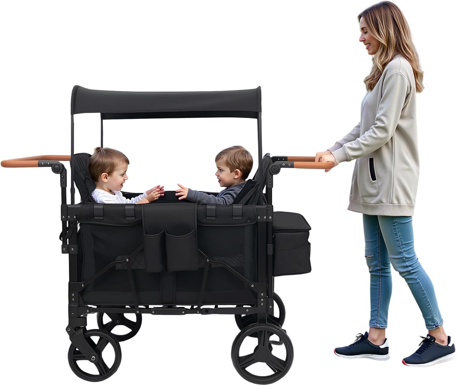 Stroller Wagon Collapsible Kids, 4 Seater Wagon Stroller for 4 Kids with Adjustable Push Handles Removable Canopy and Store Bag for Parks, Zoos, Shopping Malls, Amusement Parks