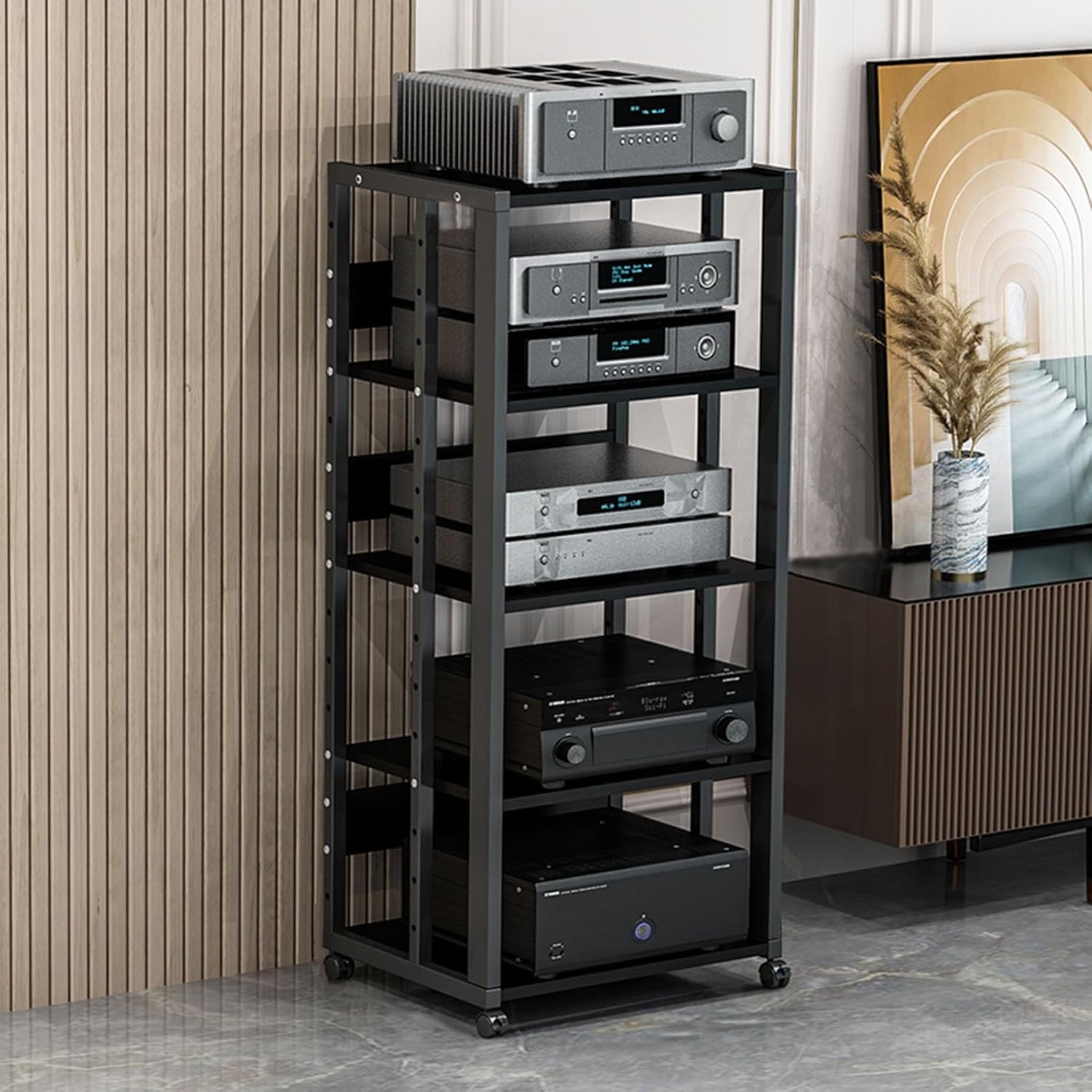 5-Tier AV Media Stand Corner Shelf CD DVD Player Stand Stereo Component Cabinet Audio Rack Tower with Height Adjustable Wooden Shelves for Living Room