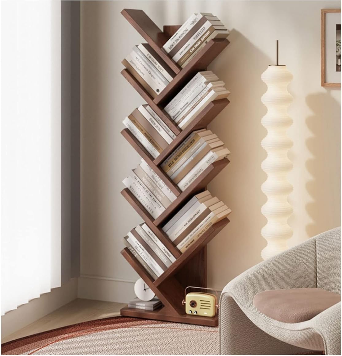 KIRANDY Solid Wood Bookcase Tree-Shaped Bookshelf, Student Floor-to-Ceiling Multi-Layer Shelf for Living Room Bedroom (Color : Walnut Color 9layer 44x20x126cm)