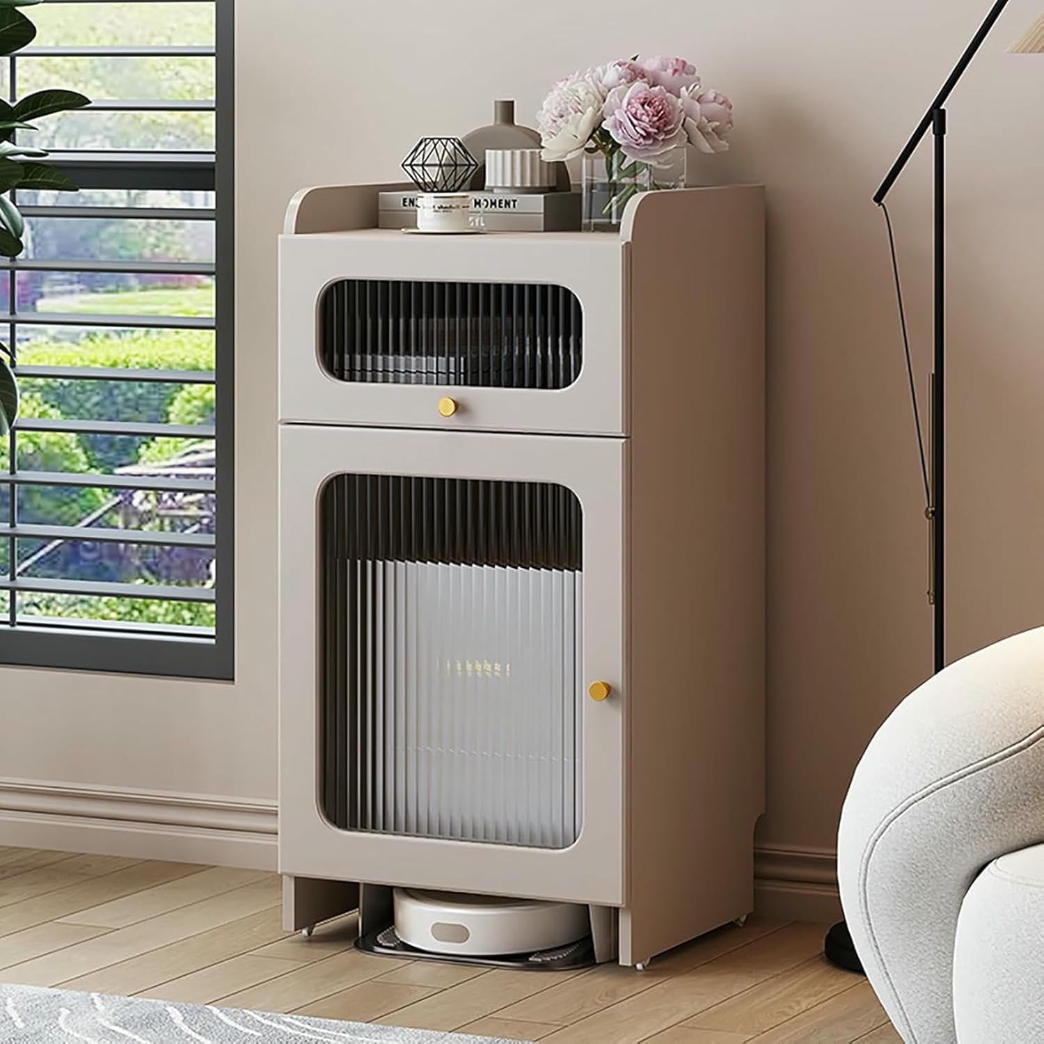 GFXYQPDNV Mobile Robot Vacuum Storage Side Table with Tempered Glass Door, Smart Floor Sweeper Hidden Storage Rack, Accent Side Tables for Living Room Bedroom