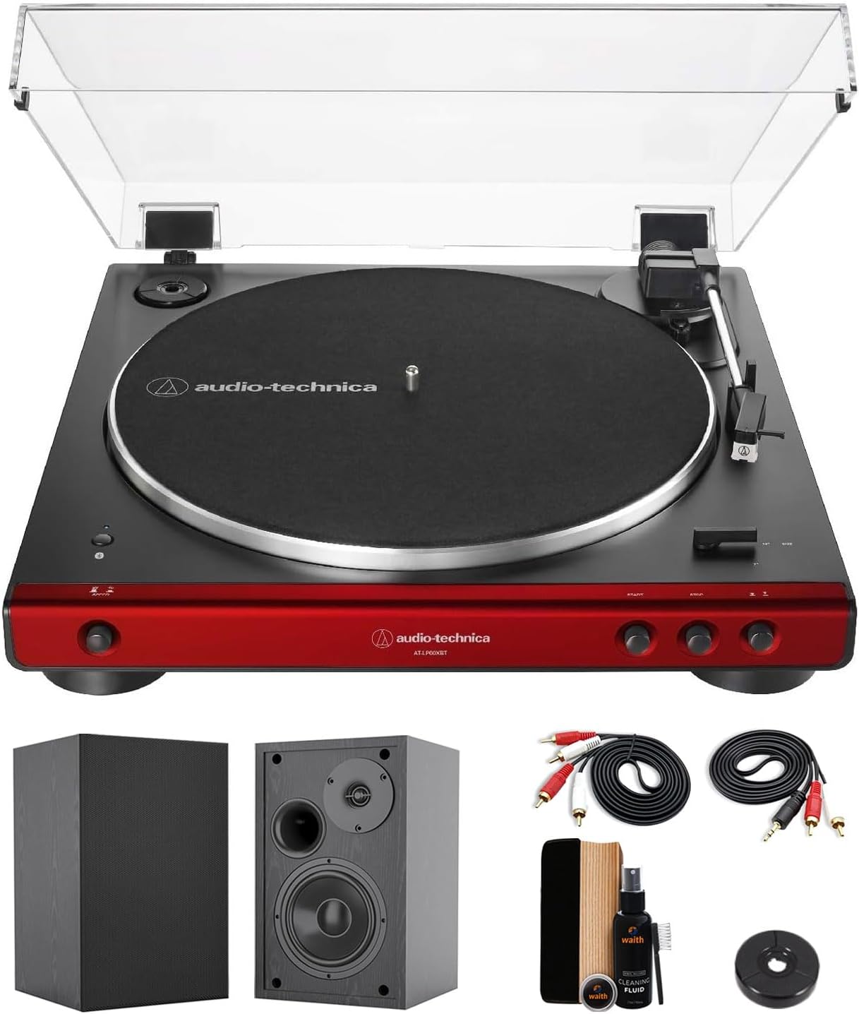 Audio-Technica AT-LP60XBT Fully Automatic Bluetooth Belt-Drive Stereo Turntable (Red & Black) with 45 rpm Adapter