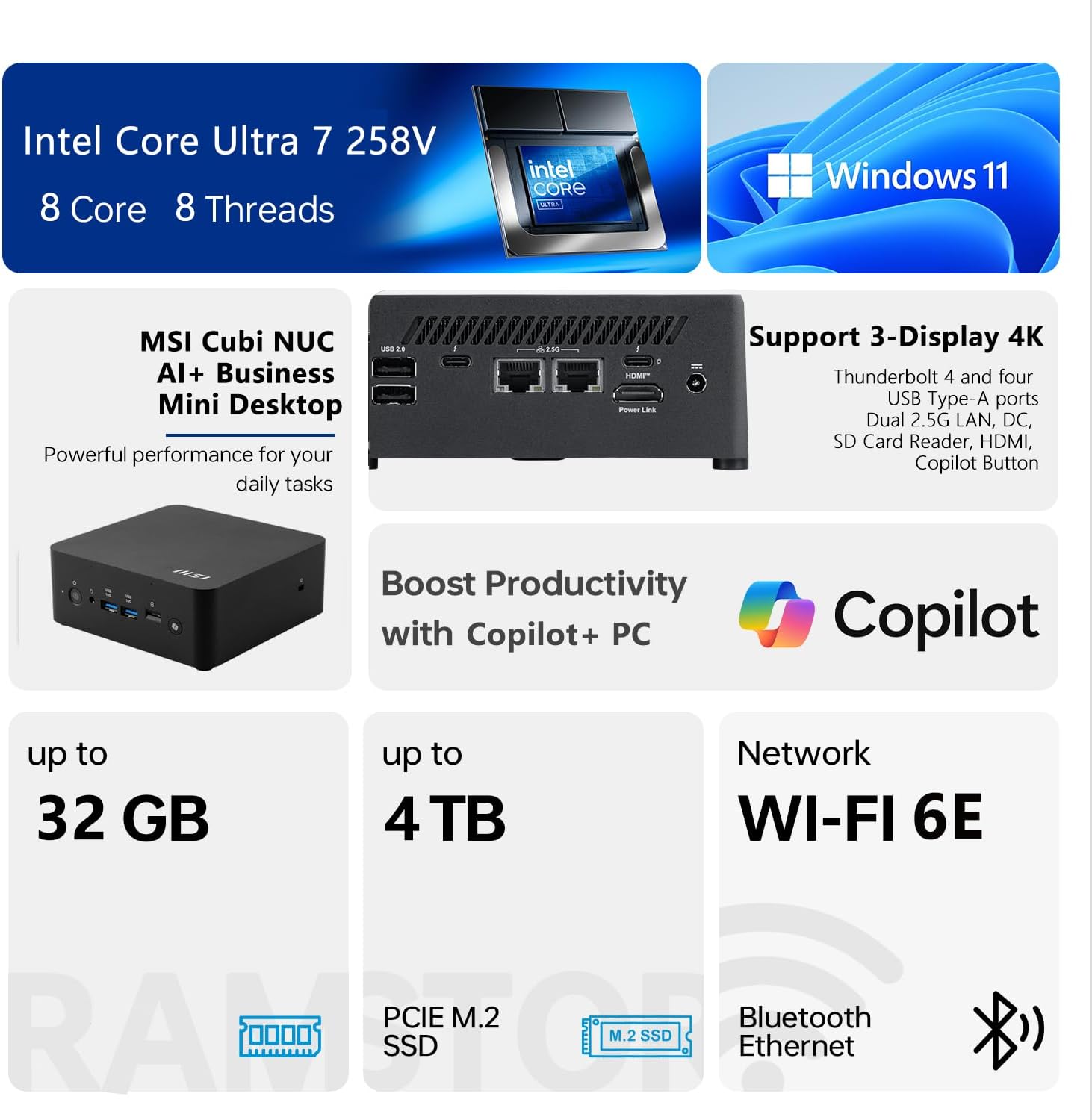 msi Cubi NUC AI+ Business Mini Desktop, Intel Core Ultra 7 258V, 115 Tops AI Copilot+ PC, 32GB LPDDR5X, 1TB SSD, Fingerprint, Support 3-Display 4K, Thunderbolt 4, HDMI, Dual LAN, Wi-Fi 6E, Win 11 Pro