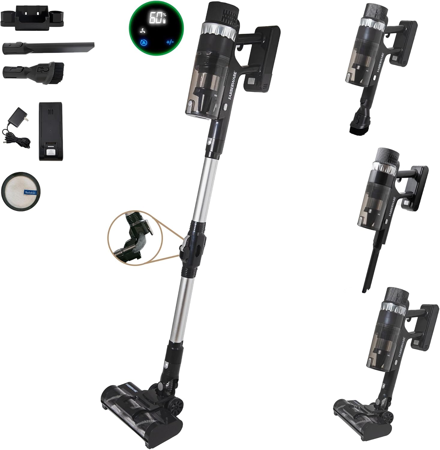 Farberware Cordless Platinum Stick Vacuum Cleaner, Smart Sensor Technology for Carpet and Hard Floors, Bendable and Handheld Vacuum for Pet Hair