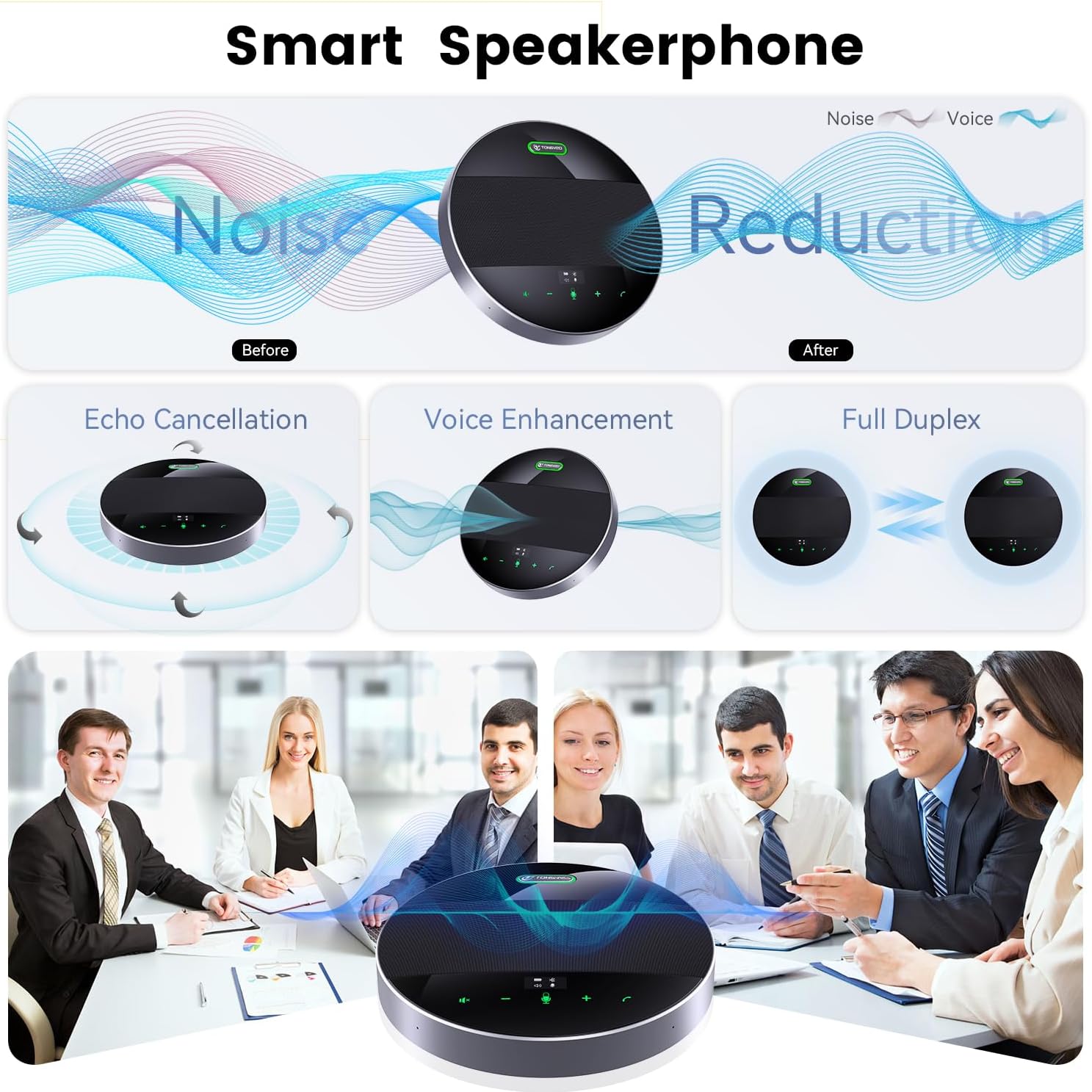 TONGVEO 2-in-1 Conference Speaker and Microphone, Daisy Chain Wireless Bluetooth Speakerphone with 360° omnidirectional mics USB/Dongle/Bluetooth Connection 18H Talk Time for 15-30 People Meeting