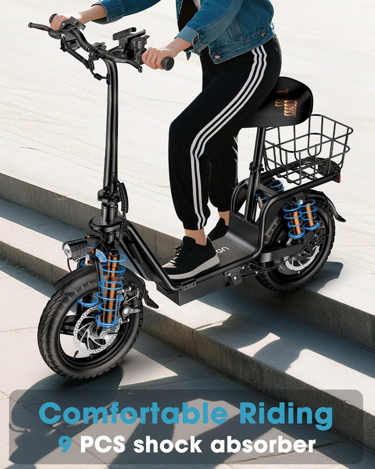 Peak 900W/1300W Electric Scooter for Adults with Seat, 48V 10.4Ah/13Ah Li Battery, 28-35 Miles Range eScooter, 20MPH Commuter E Scooter with Basket, Max 330LBS, UL2849 Certified, C14 PRO