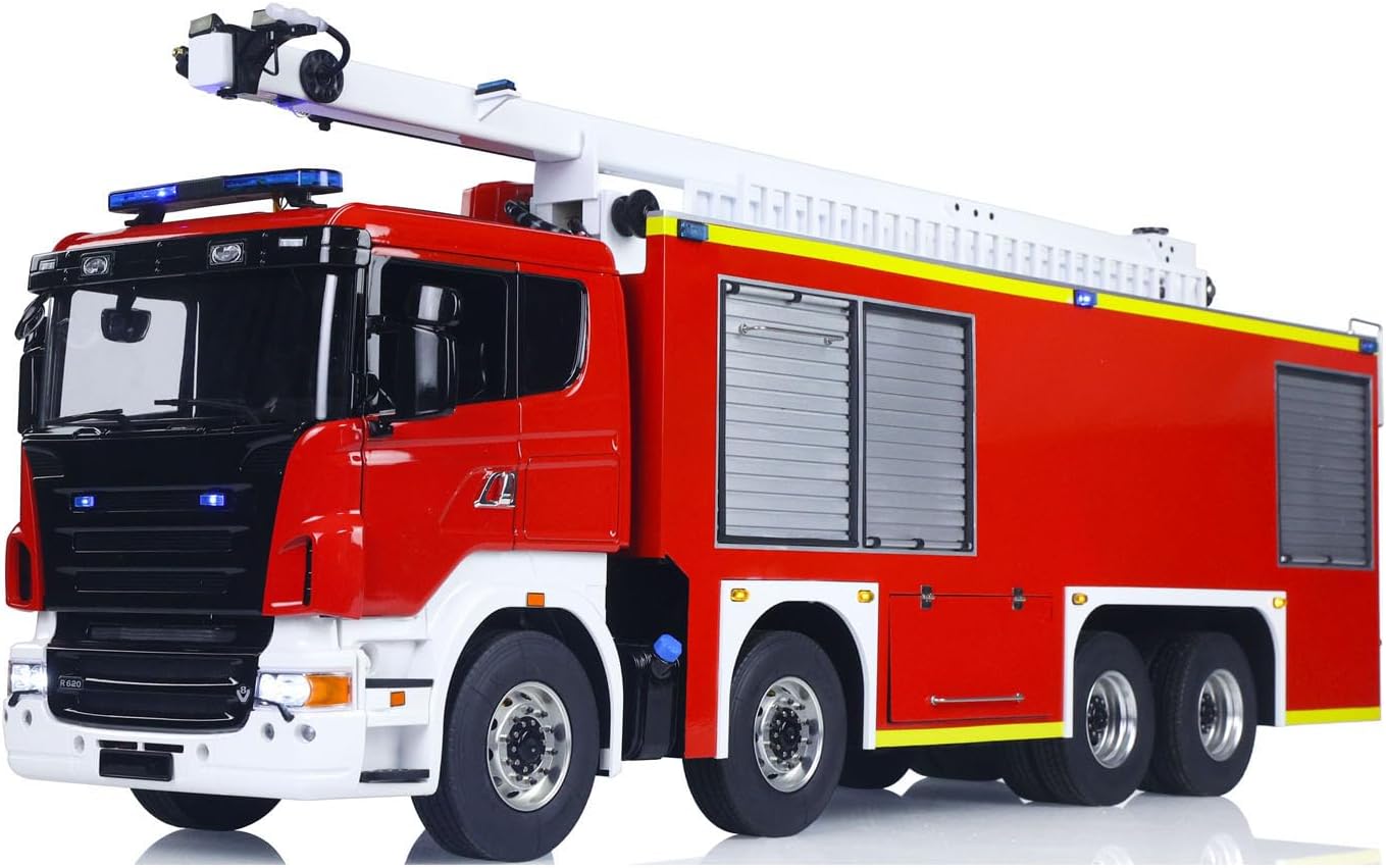 SC 8x4 1/14 Metal Chassis RC Snozzle High-Reach Extendable Turret Fire Truck Car Two-Speed Transmission Differential Lock Light Sound System Hobby Grade Model for Ages 14+