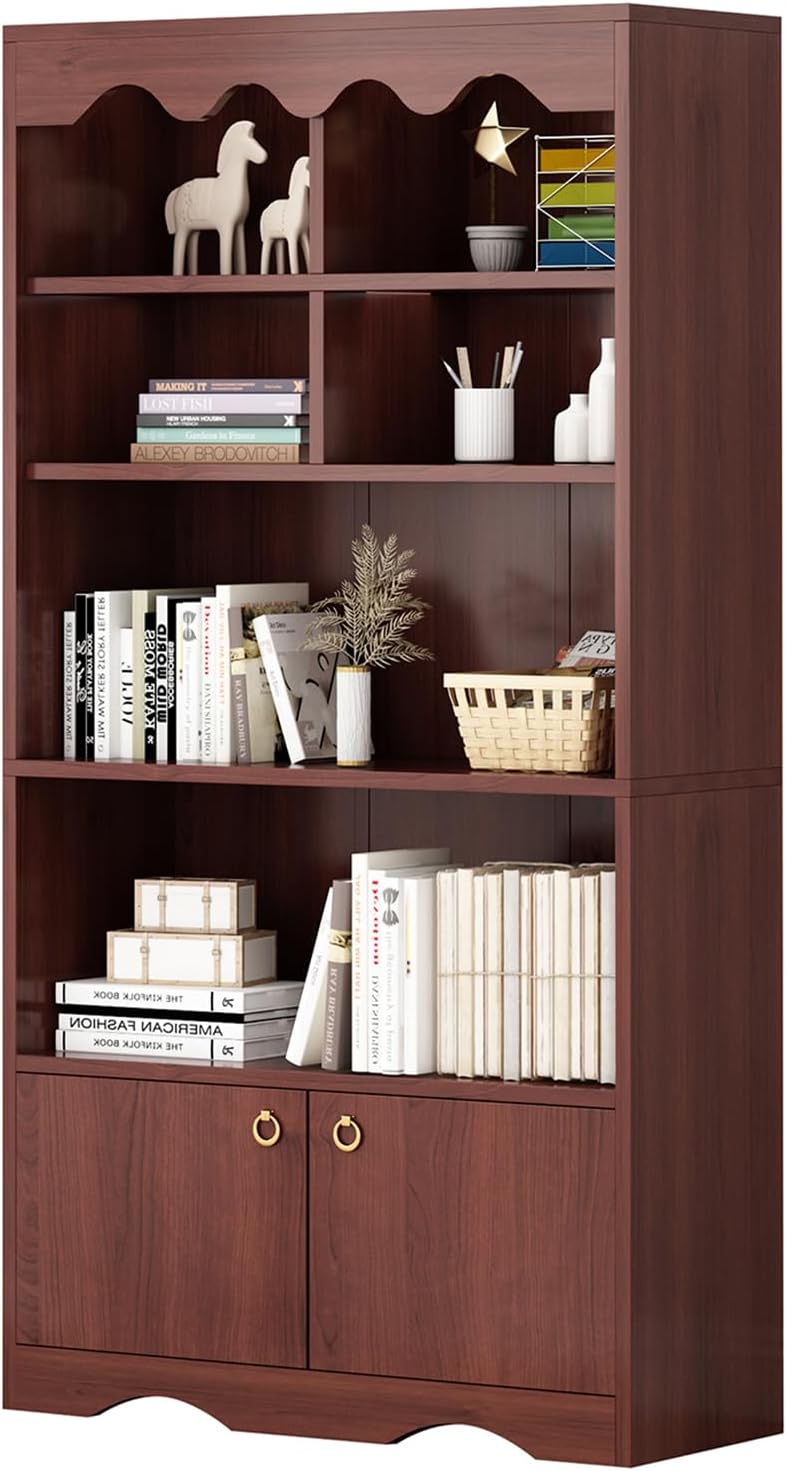 LinTimes 63 Inch Tall Bookshelf, Wood Bookcase with Doors, 5-Tier Book Shelf Storage Organizer, Modern Floor Standing Unit Bookshelves and Bookcases for Bedroom, Living Room, Office, Walnut