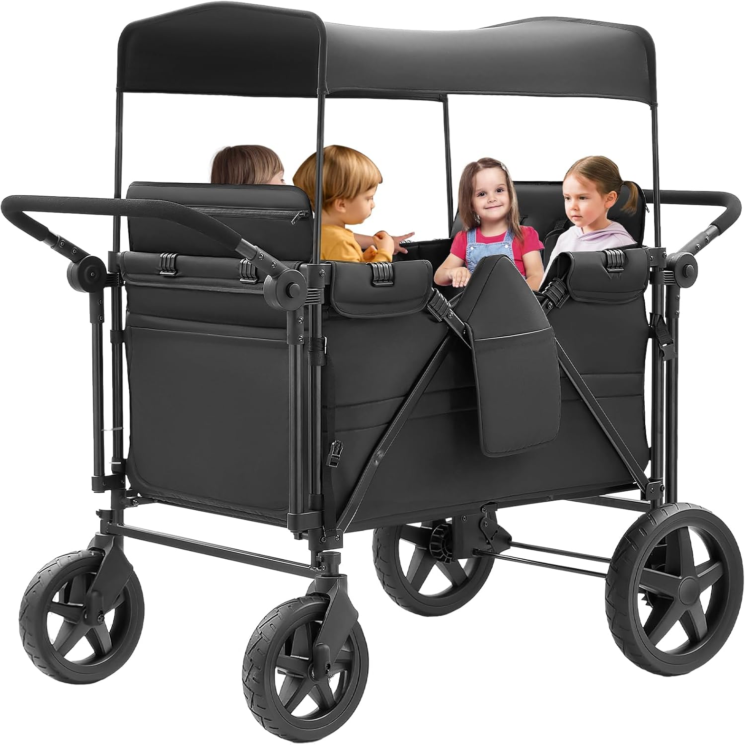 Stroller Wagon for 4 Kids, 4 Seater Wagon Stroller Featuring 4 High Seat with 5-Point Harnesses and Adjustable Canopy, Foldable Double Push Bar Wagon Stroller 4 Seater for Garden, Camping (Black)
