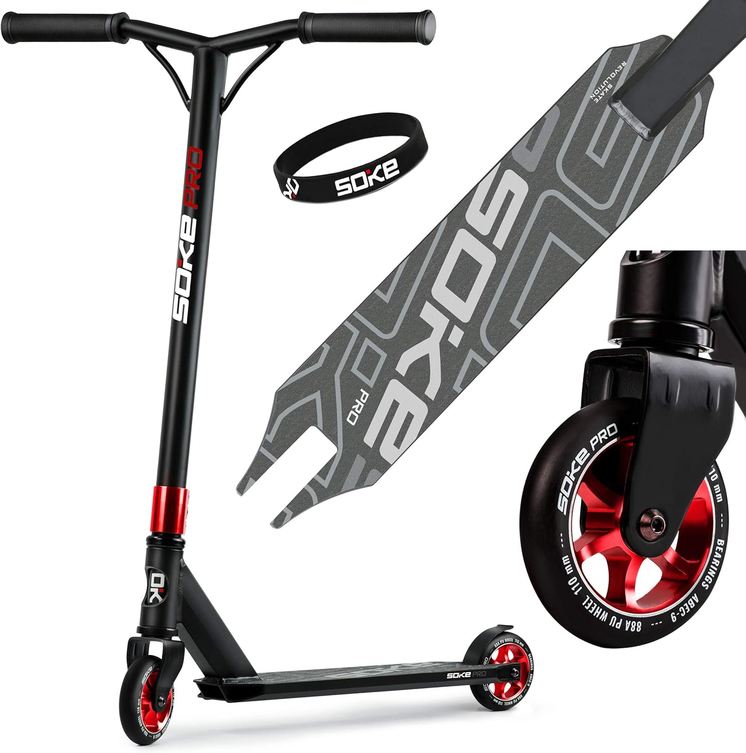 SOKE Stunt Scooter PRO Kick Scooter with ABEC 9 Ball Bearings, Scooter Trick Scooter for Adults and Children, Two Wheels, Freestyle City Scooter, 2 Wheels, Load Capacity 100 kg (Black/Red)