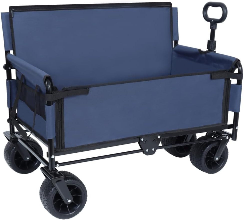 Heavy-Duty Folding Wagon Cart with All-Terrain Wheels and Convertible Seat – 500 lb Capacity Utility Transport for Outdoor Activities, Camping, Beach, Garden, and Events (Dark Blue + Steel)