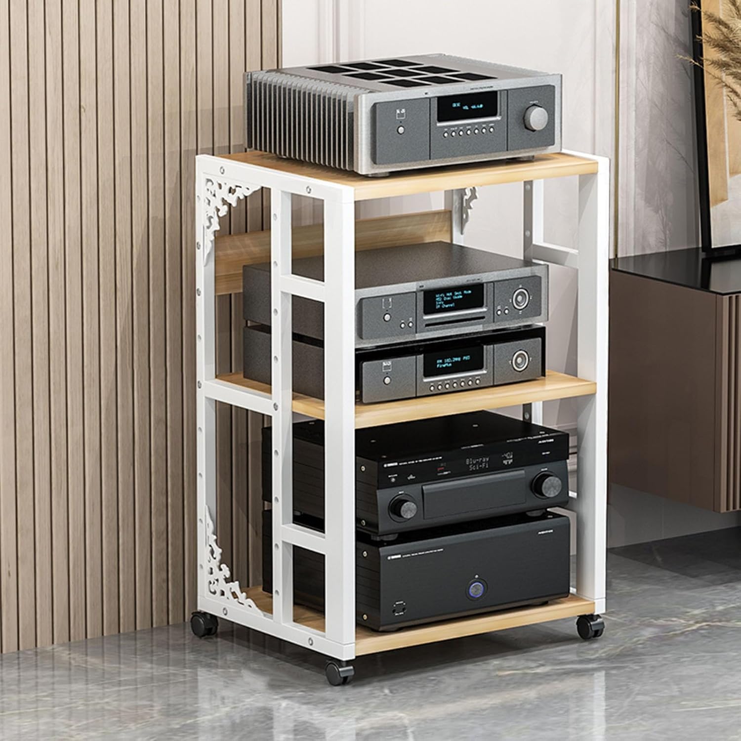 Black/White Multifunction 3/4/5 Tier Movable Storage Cart DVD CD Player Stand Amplifier Rack Audio Video Component Media Stand with Wooden Board Shelves for Home/Office/Theater ( Color : White