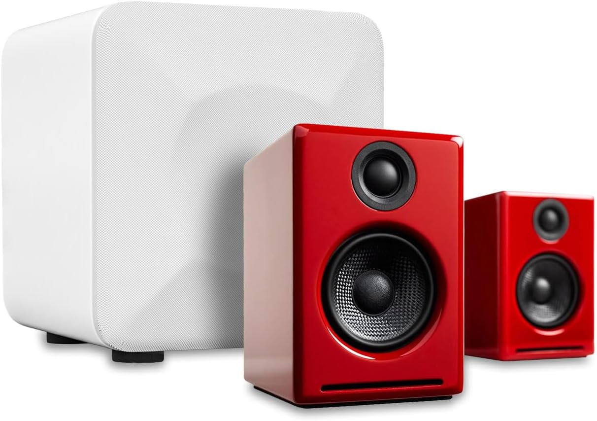 Audioengine A2 Red Pc Speakers for Desktop and S6 White Subwoofer for Music Gaming Movies Studios Dorms Bedrooms Offices