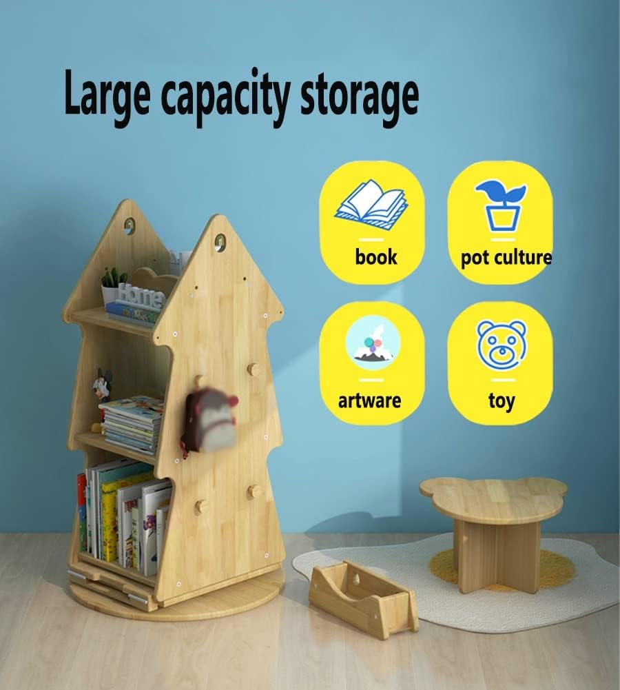 360 Degree Rotation Kids Bookshelf, Home Kindergarten Playground Tree Shaped Bookcase，Toy Book Display