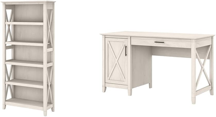 Bush Furniture Key West Bookcase Shelf in Linen White Oak | Farmhouse Bookshelf & Key West Computer Desk with Storage | Small for Home Office | Modern Farmhouse, 54W