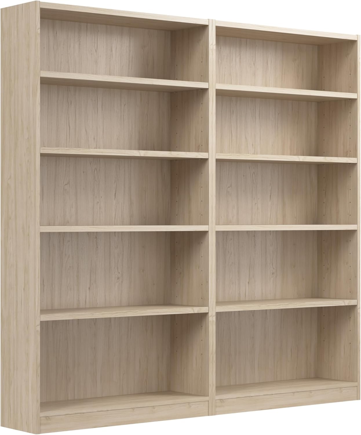 Bush Home Universal Tall 5 Shelf Bookcase in Natural Elm - Set of 2, Matching Storage and Display Bookshelves for Home Office or Living Room Organization