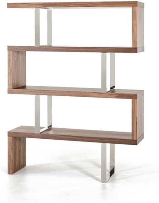 Modrest Maze Modern Wood & Stainless Steel Bookcase in Walnut Finish