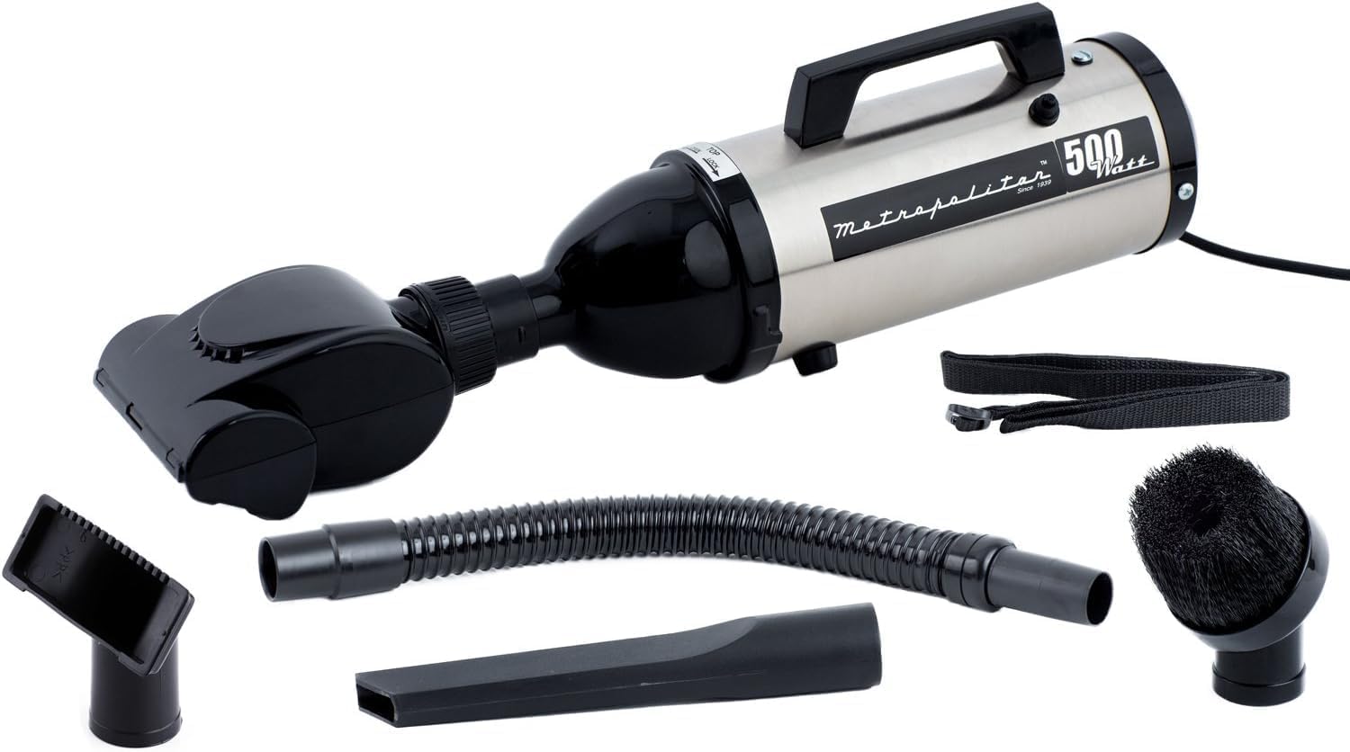 METROVAC Evolution Hand Vacuum - 120V, 504W, All-Steel Construction, Dry Pickup for Easy Cleanups in Home, Office, Car - Satin Nickel/Black
