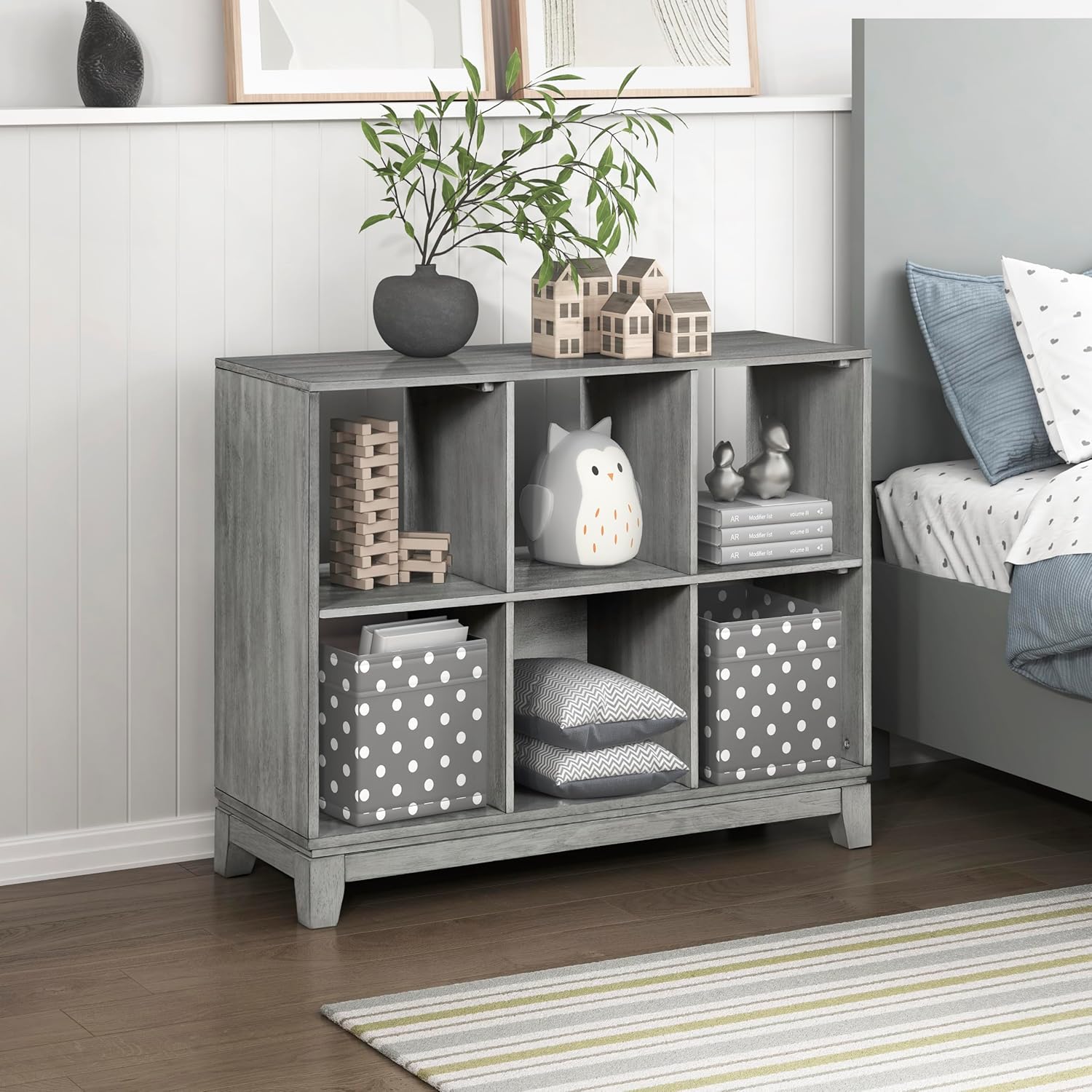 Lexicon Cube Bookshelf, 2 Tier 6-Cube Low Bookcase, Display Cabinet with Legs, Wood Book Shelf Organizer Storage Shelf, Book Shelves for Bedroom, Living Room, Office, Grey