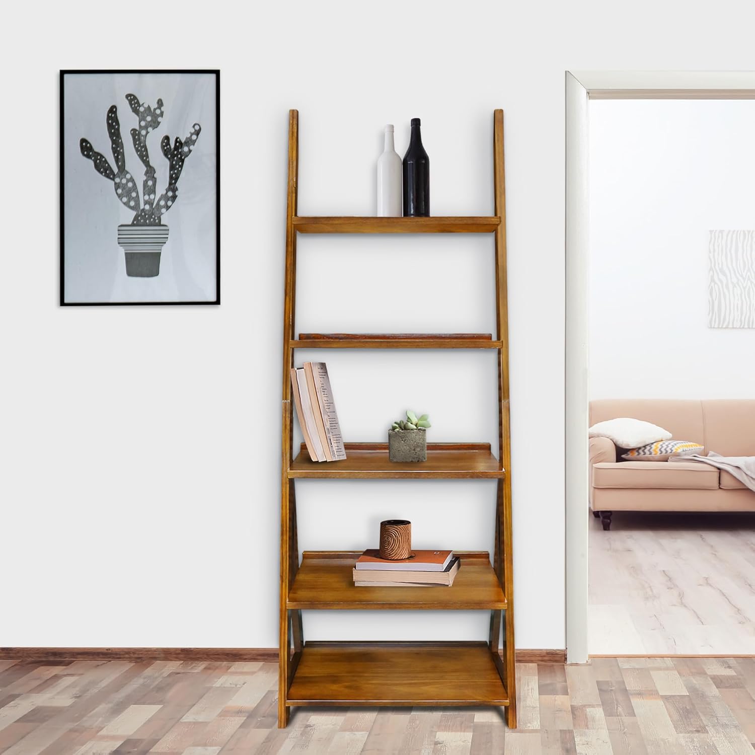 Amber Solid Wood 5-Shelf Freestanding A-Frame Ladder Bookcase, Warm Brown