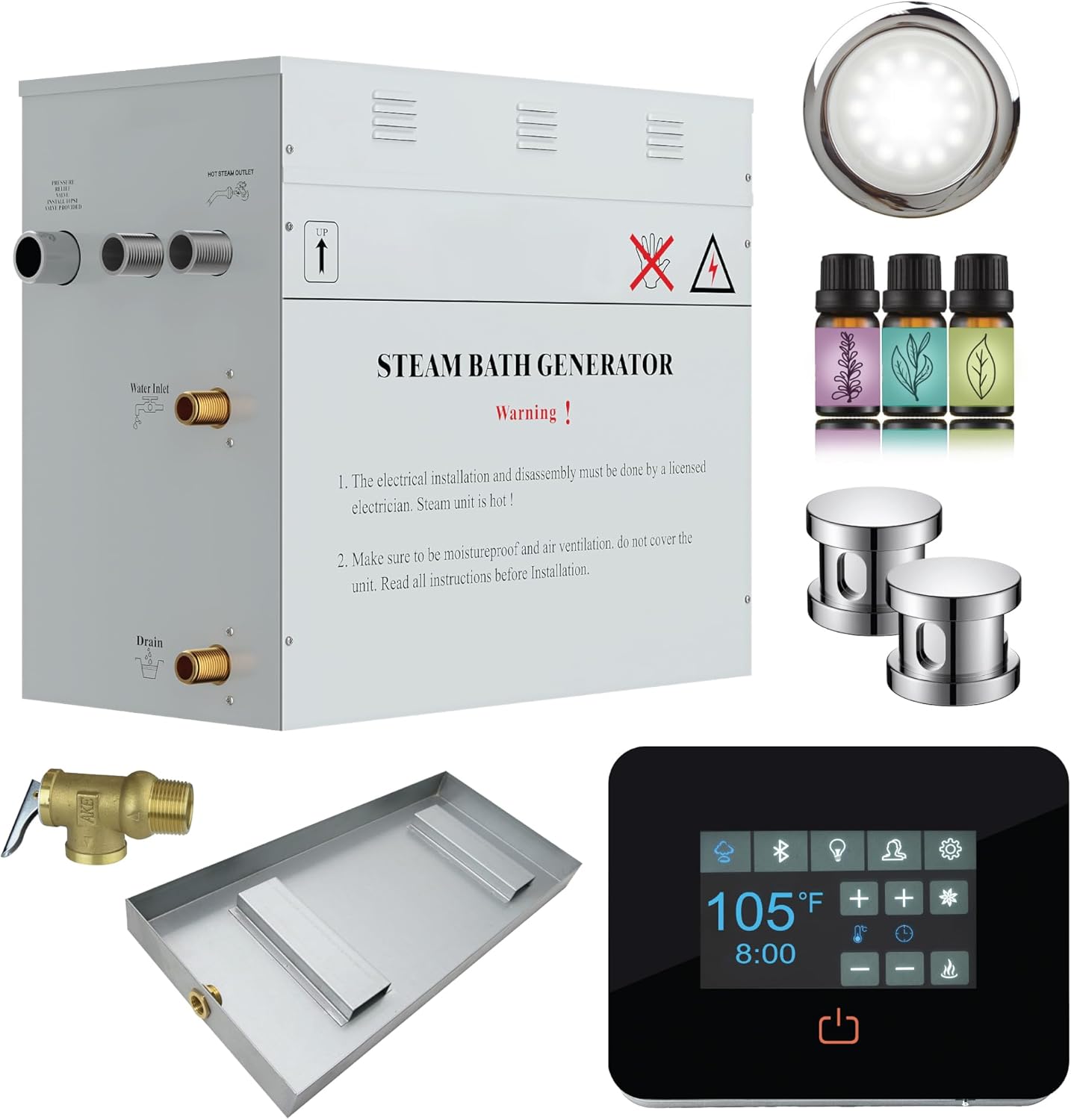 SaunaSpa - Contractors Series 12kW Steam Bath Generator with Quickstart Continuous Steam, Black Digital Touch Pad, Built-in Auto-drain, White LED light, and Aroma Steamhead in Polished Chrome