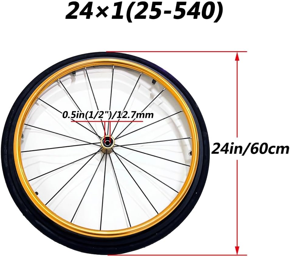 24 Inch Sports Wheelchair Rear Wheel Replacement 1 Pair, 24×1 (25-540) Rubber Pneumatic Tires, Aluminum Alloy Wheel Hub