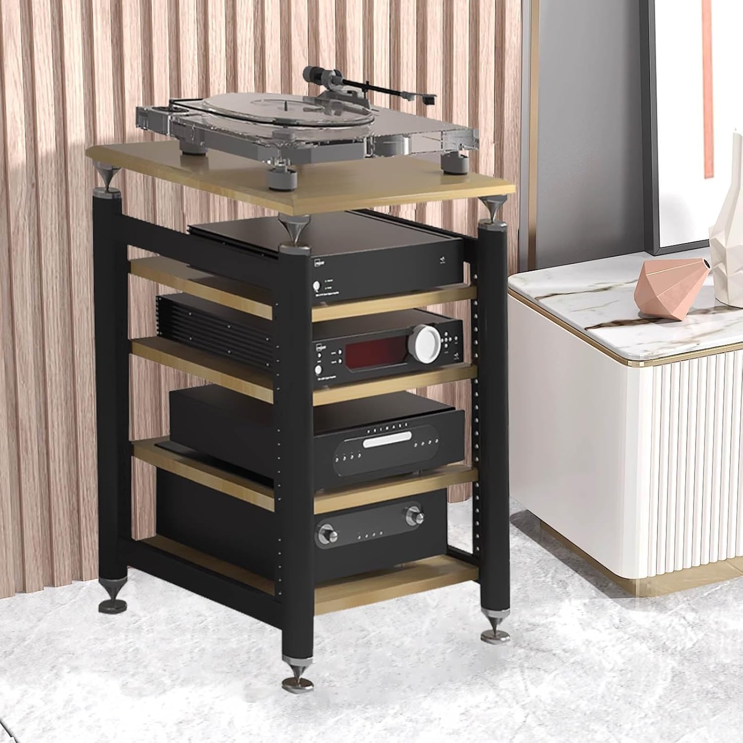 Audio Rack Av Tower Media Stand 5-Tier Electronics Equipment Shelf Record Player Stand Table Height Adjustable Media Console Table Stereo Stand Cabinet with Turntable Shelf(Yellow