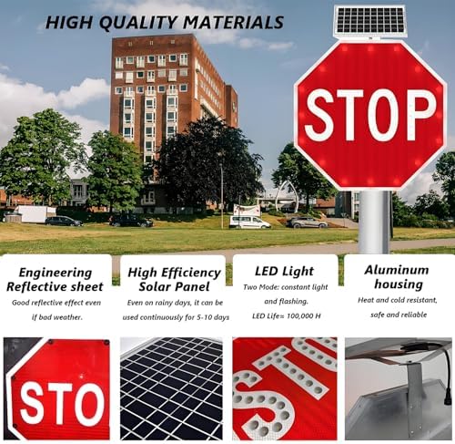 Solar-Powered LED Stop Sign - Reflective Aluminum Octagon Traffic Sign with Flashing Lights for Road Safety, Parking Lot & Construction - 60x60cm (24in)