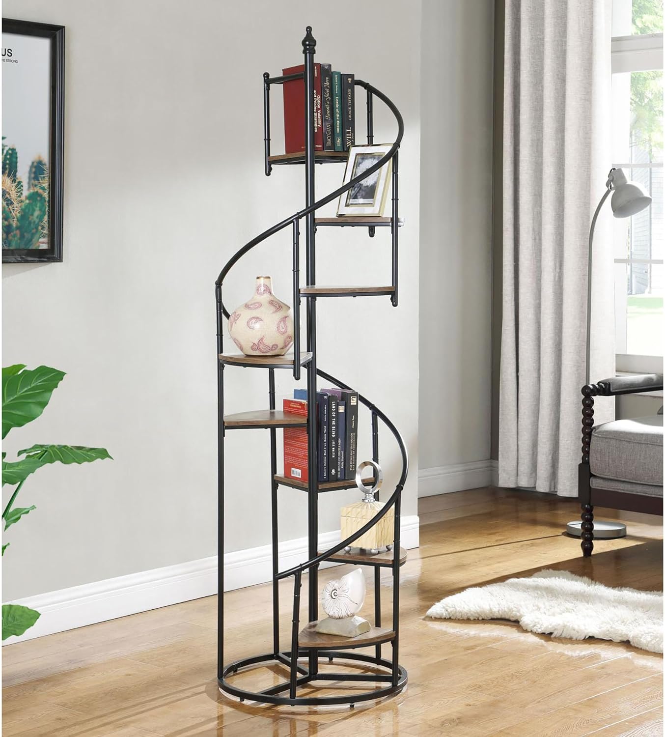 Benicabaly Maximize Space with Rustic Brown and Black 8-Shelf Staircase Bookcase, Sturdy Metal Frame, Stylish Decor for Home or Office