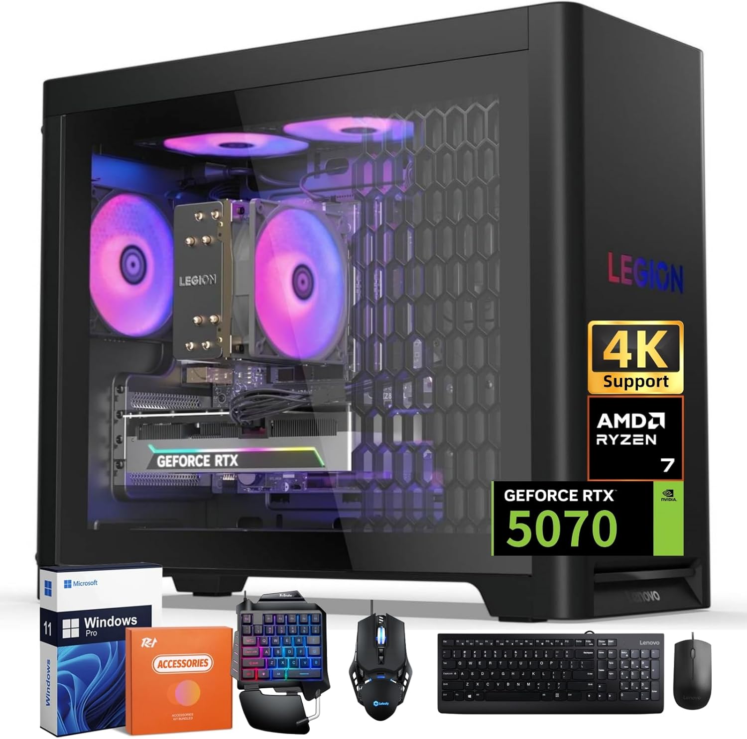 Lenovo Legion Tower 5 (2025) Gaming Desktop Computer 30L, NVIDIA RTX 5070 12GB GDDR7, AMD Ryzen 7 7700X (Up to 5.4GHz), 32GB DDR5 5600MT/s, 2TB SSD, ARGB Fans, Windows 11 Pro, Accessories