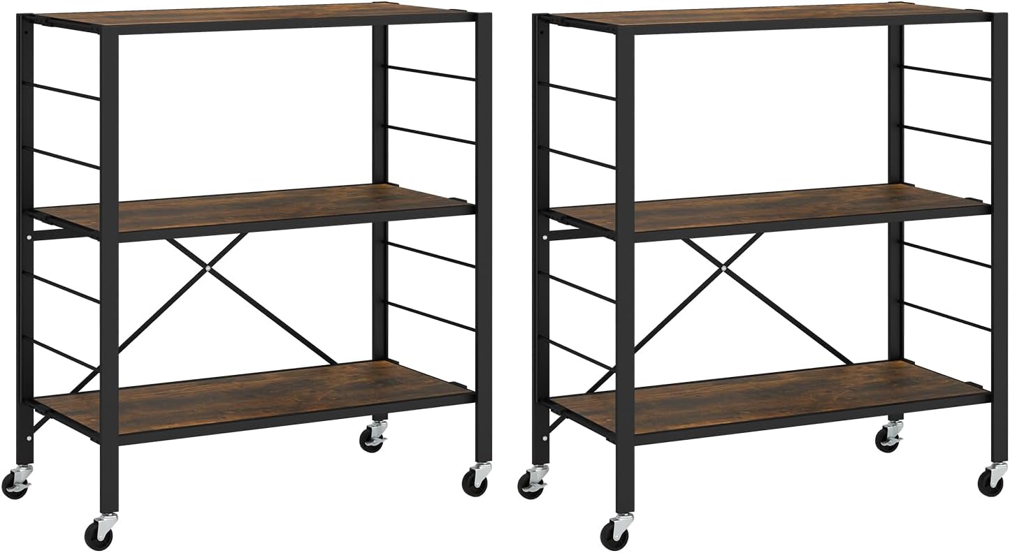 Giantex 3-Tier Folding Bookshelf with Wheels Set of 2, Industrial Foldable Metal Shelves with Height-Adjustable Shelves, Freestanding Open Shelving Storage, No Assembly Bookcase Display Shelving Rack