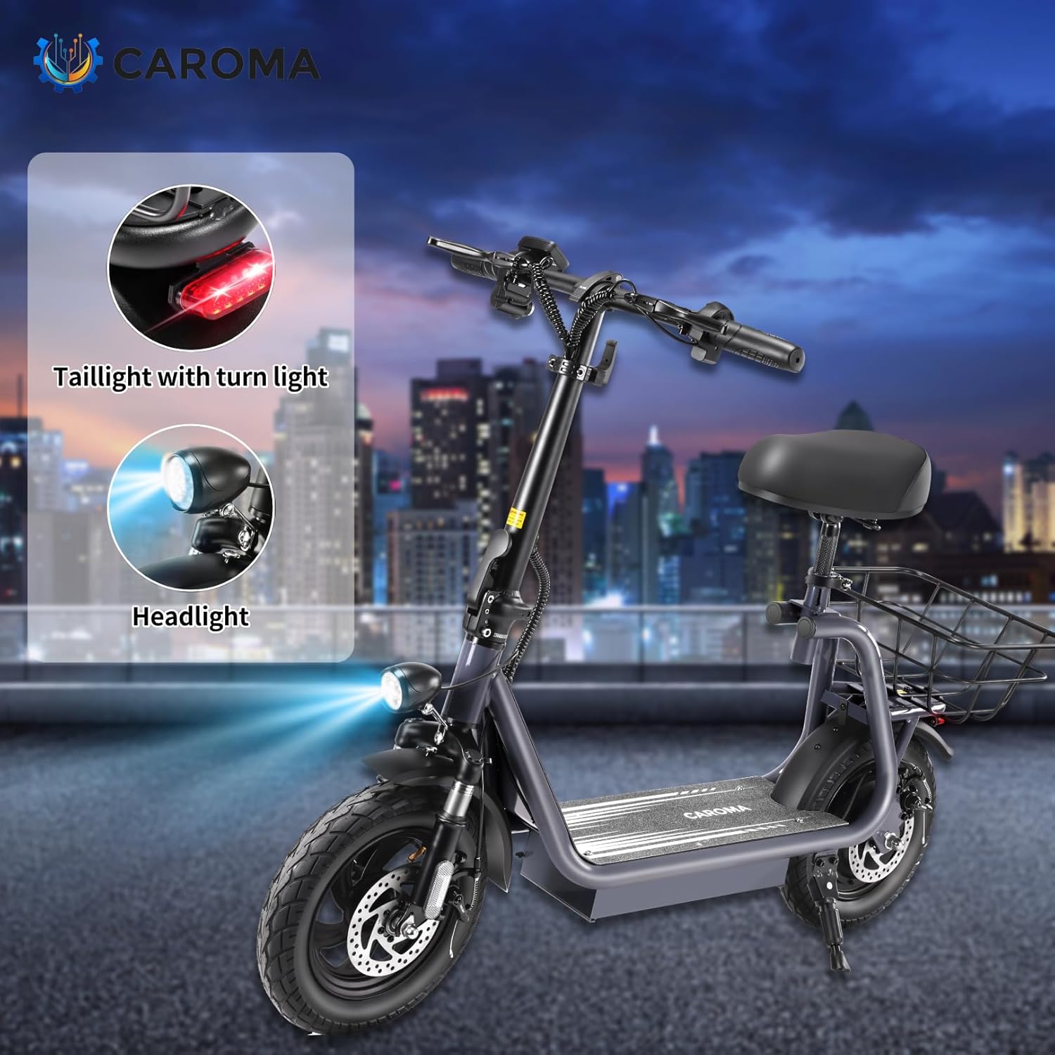 Caroma Peak 1200W/800W Electric Scooter with Seat, 30 Miles Max Range, Electric Scooter Adults, Up to 20MPH Foldable Escooter with Kid Seat,Key Start Adjustable E-Scooter