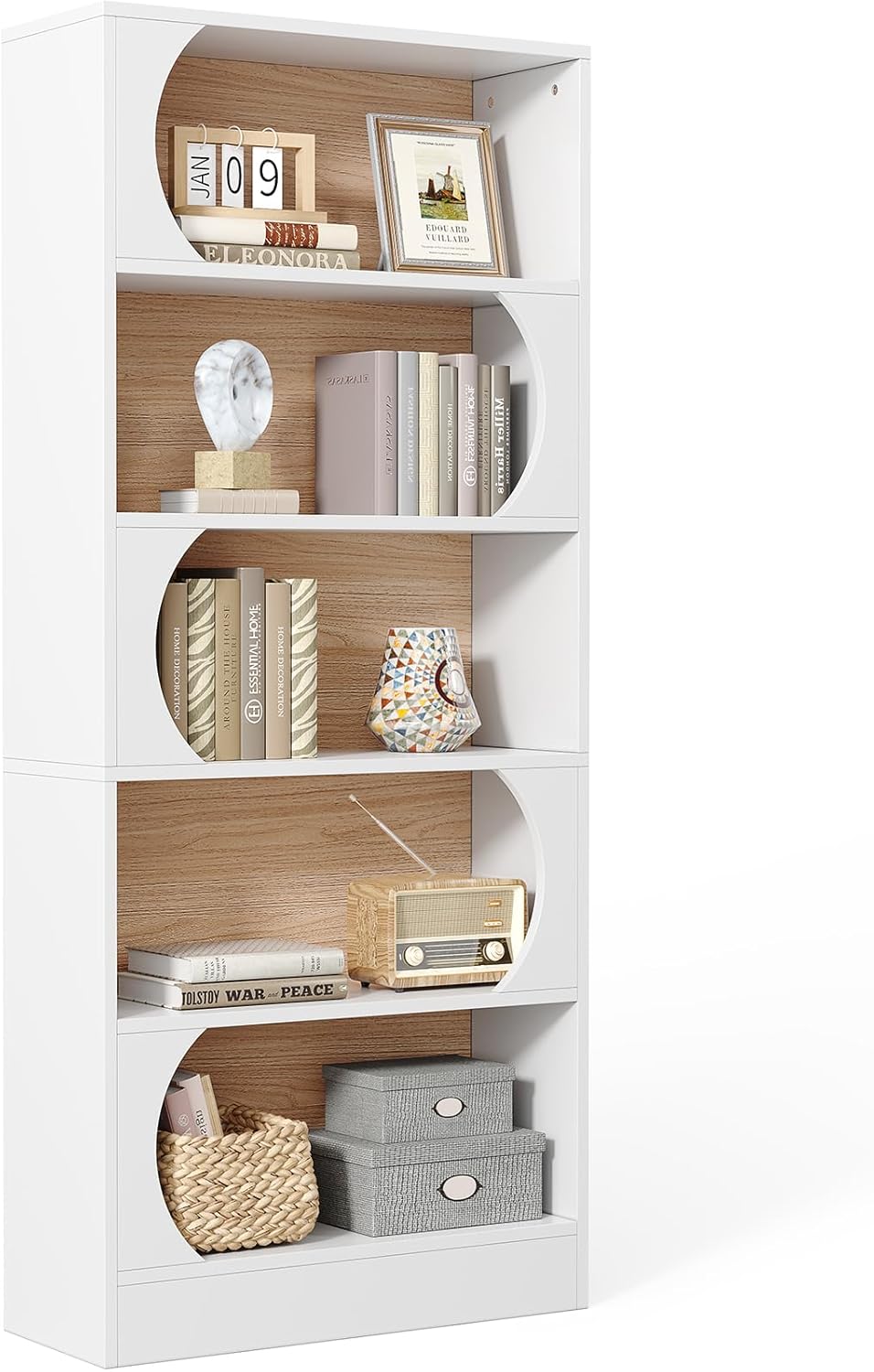 LITTLE TREE 70.8-Inch Modern Bookshelf, 5-Tier Freestanding Tall White Bookshelf, Large Open Bookcase with Storage, Large Book Shelf for Office, Home, or Classroom (White and Walnut)