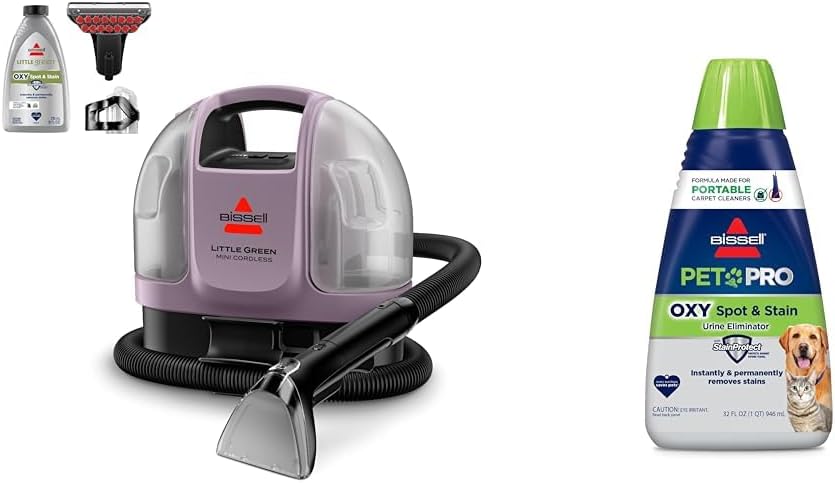 BISSELL Little Green Mini Cordless Portable Carpet and Upholstery Deep Cleaner, Limited Edition Color Dusk Pink, 4015F + BISSELL® PET PRO OXY Spot & Stain Formula for Portable Carpet Cleaners, 2034