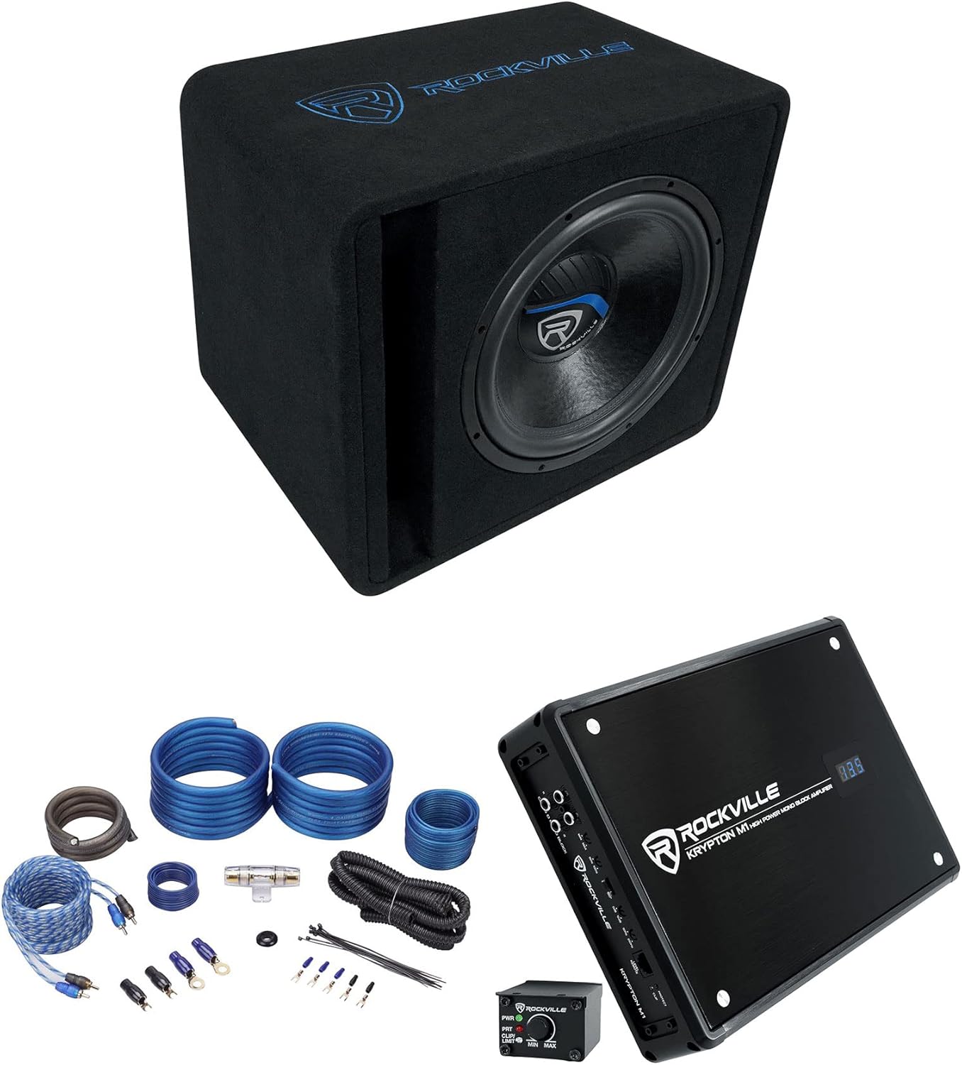 Rockville VS15K51 Bundle: 15 in 2000-Watt Car Subwoofer in Vented Enclosure 1-Ohm, Krypton-M1 2000-Watt Mono Car Amplifier with Wired Level Control, RWK41 4-Gauge Complete Amp Wiring Kit, 3-Items