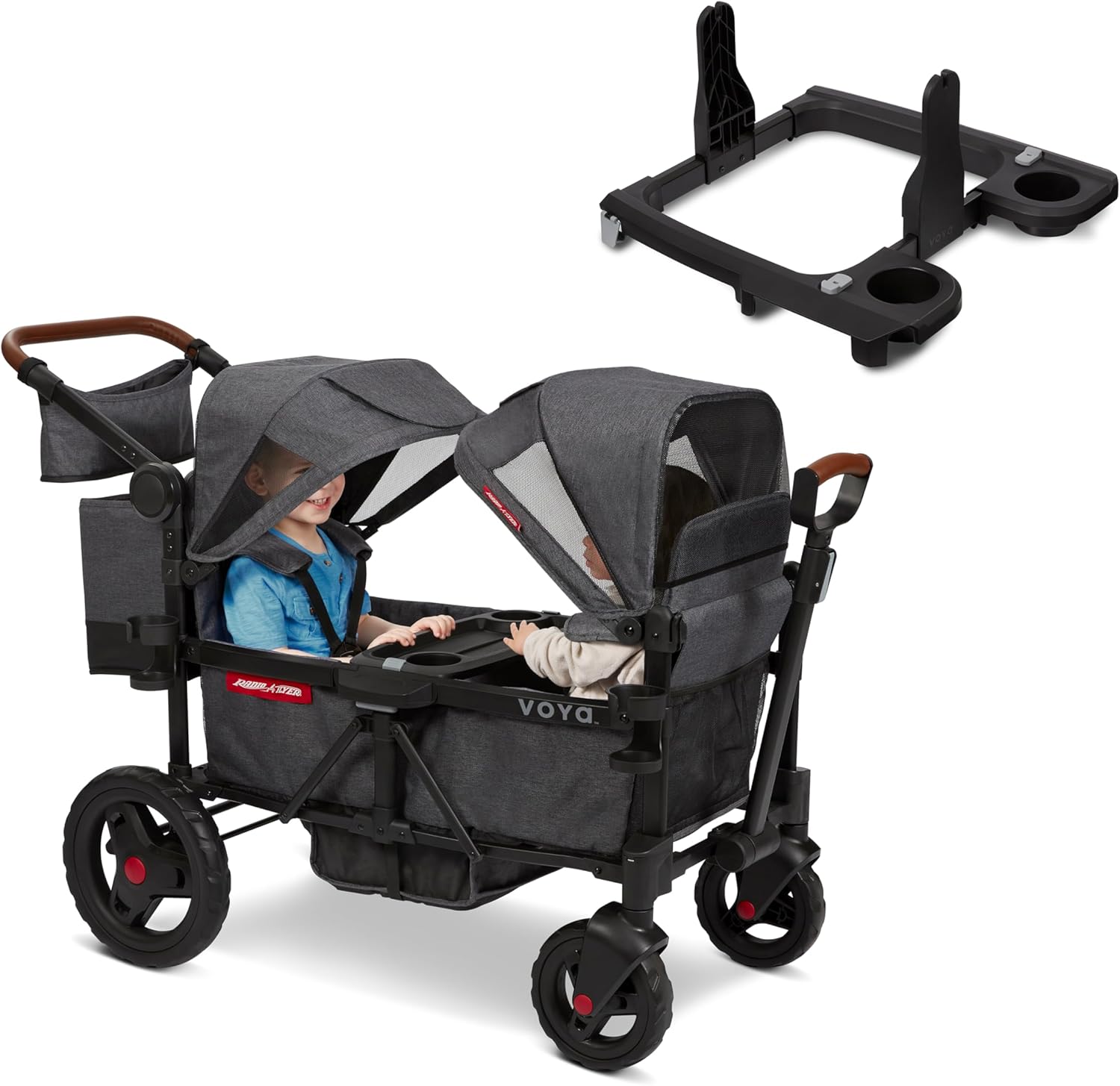 Radio Flyer Voya Stroller Wagon and Graco Car Seat Adapter Bundle, 2-Seater Collapsible Wagon with Low Sides and Adjustable Canopies, Gray
