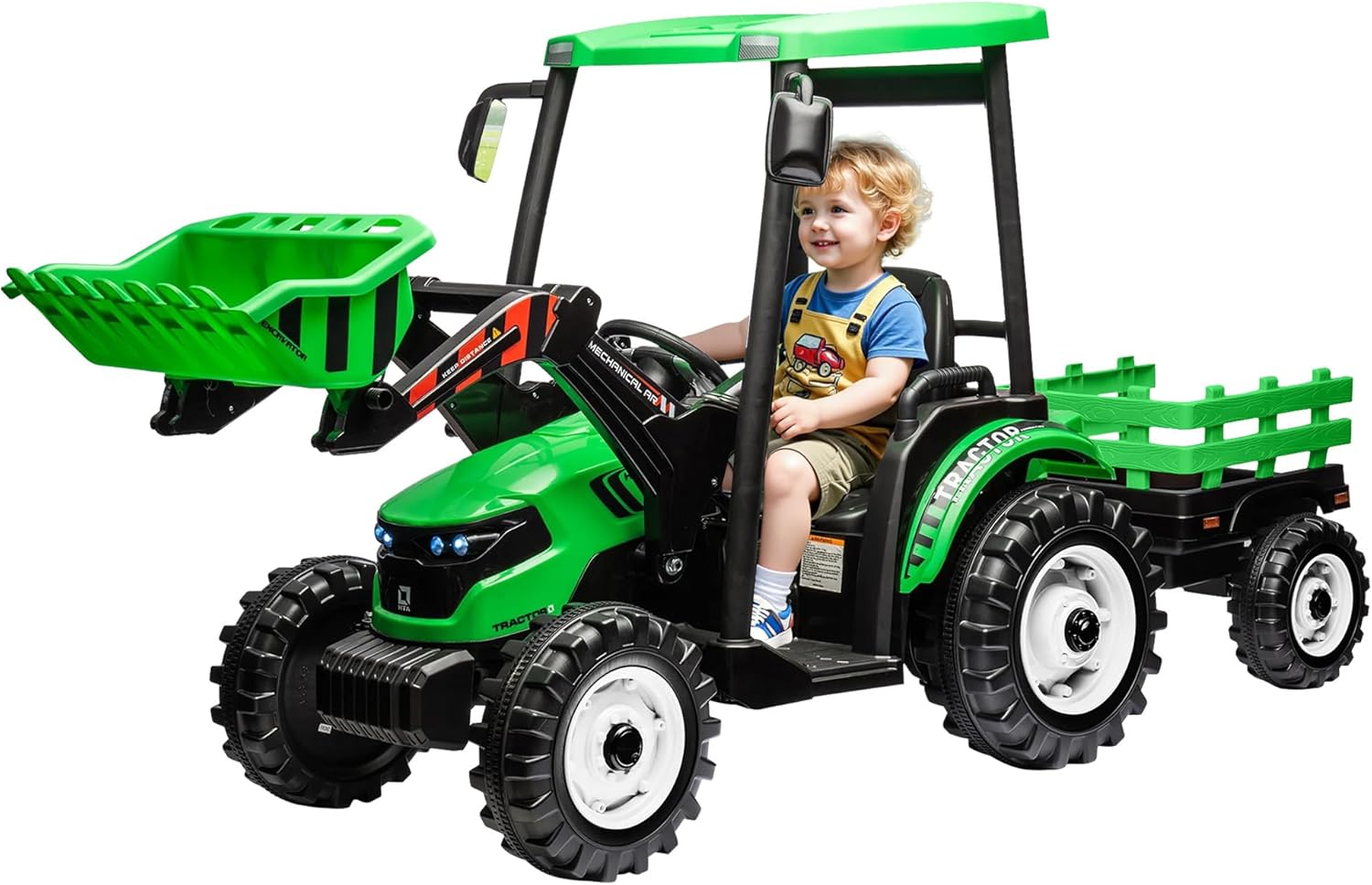 Albott 24V Ride on Tractor for Kids with Trailer & Front Loader, 3-in-1 Electric Construction Vehicle, Dual Motors, All-Terrain Wheels, LED Lights, Outdoor Gift for Boys Girls Ages 3-8 (Green)